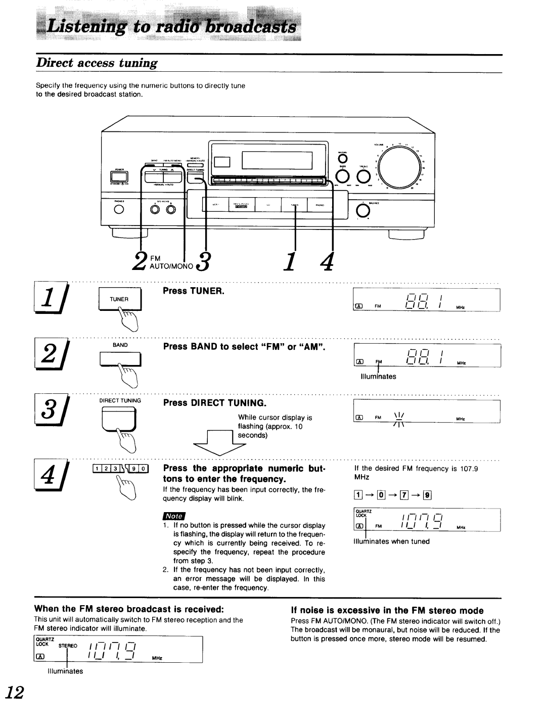 Technics SA-GX 19O manual L J, Direct access tuning, I. 1I. l, Bano J, or AM, I I. 1 I, 1 ..=, Iiii 