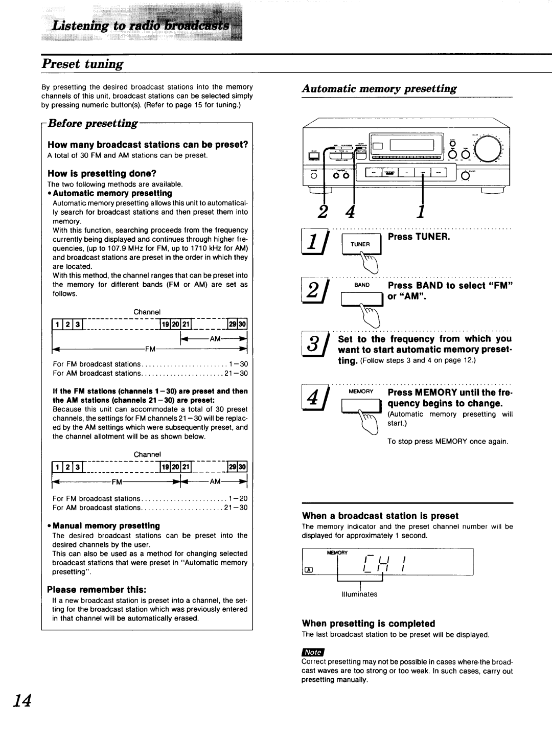 Technics SA-GX 19O manual Preset tuning, e errJ, Before presetting, Automatic memory presetting 