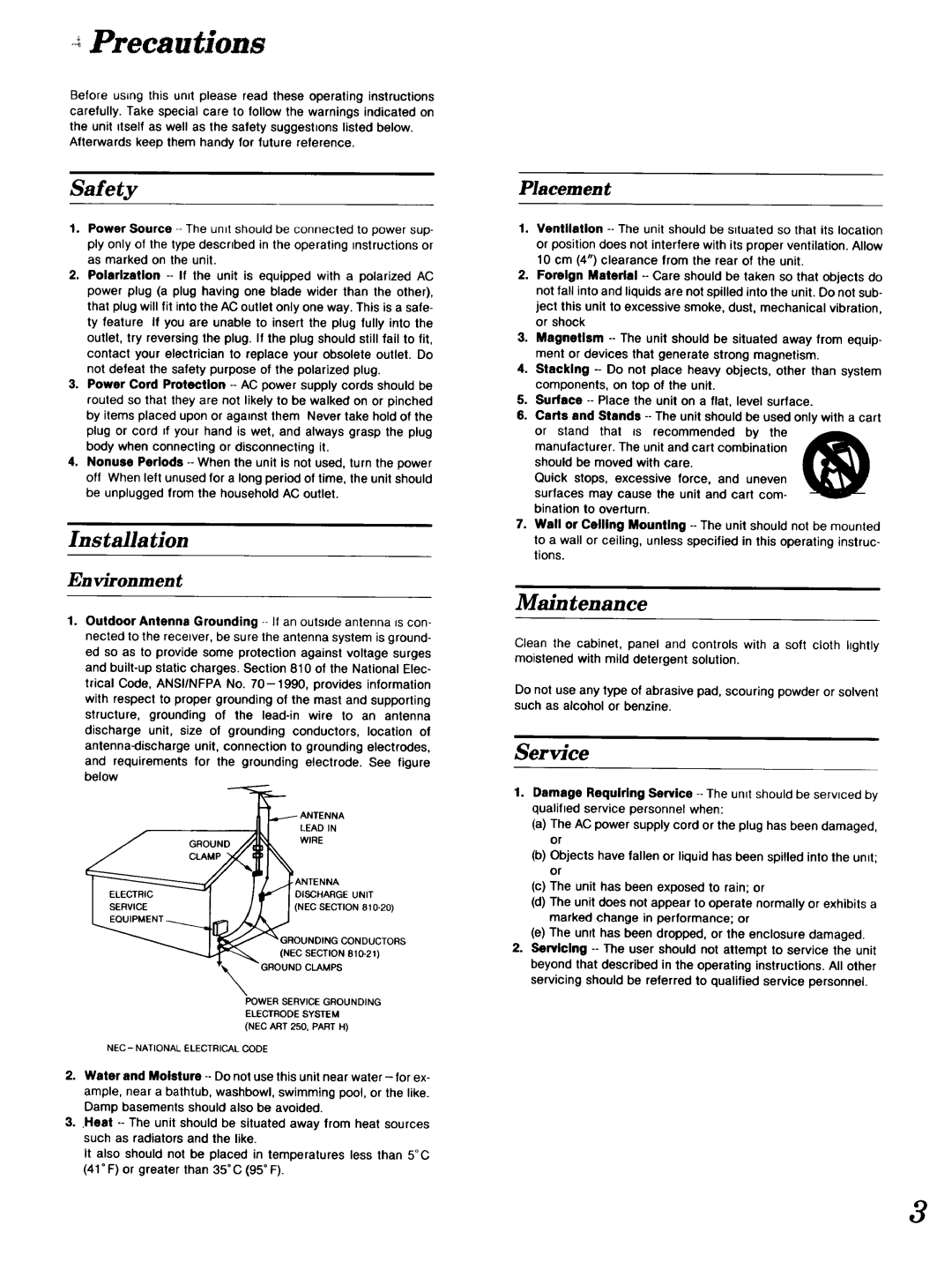 Technics SA-GX 19O manual Precautions, Maintenance, Installation, Service, Placement, Environment, Safety 