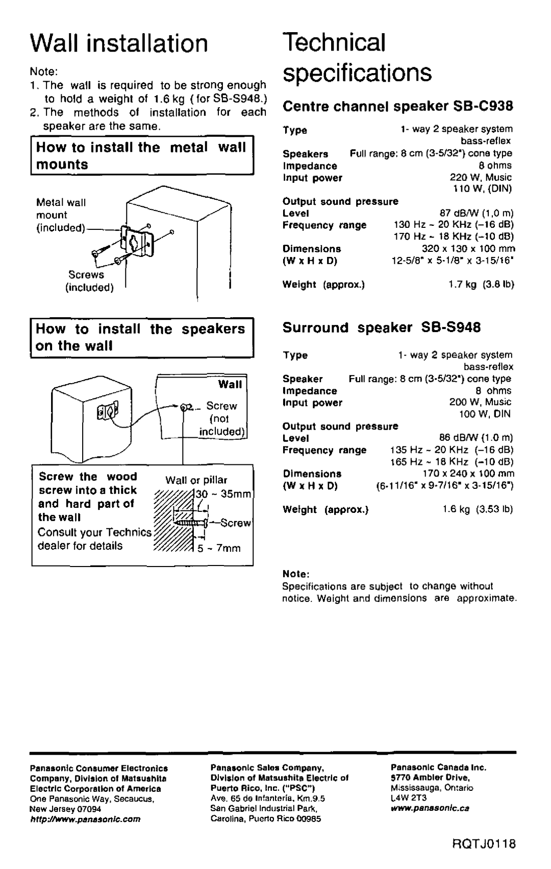 Technics SB-CSS486 manual 