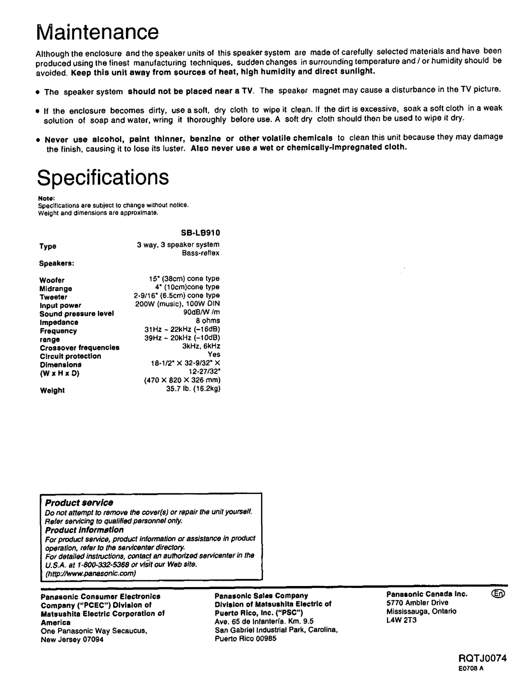 Technics SB-LB910 manual 