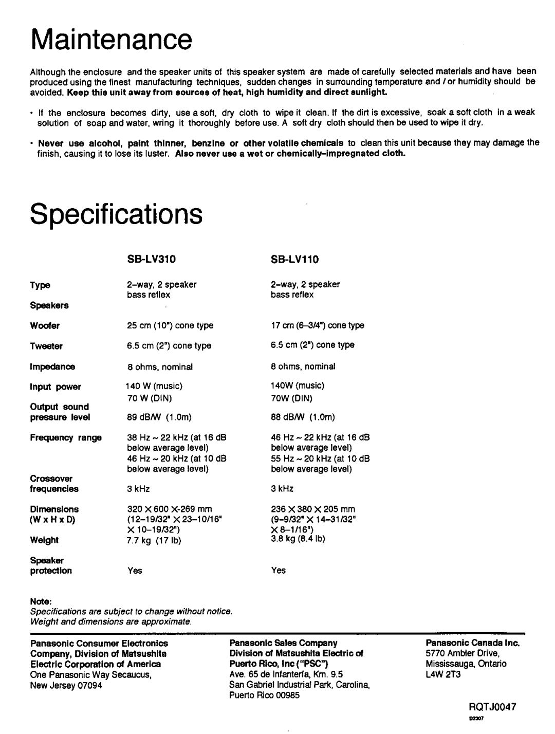 Technics SB-LV110, SB-LV310 manual 