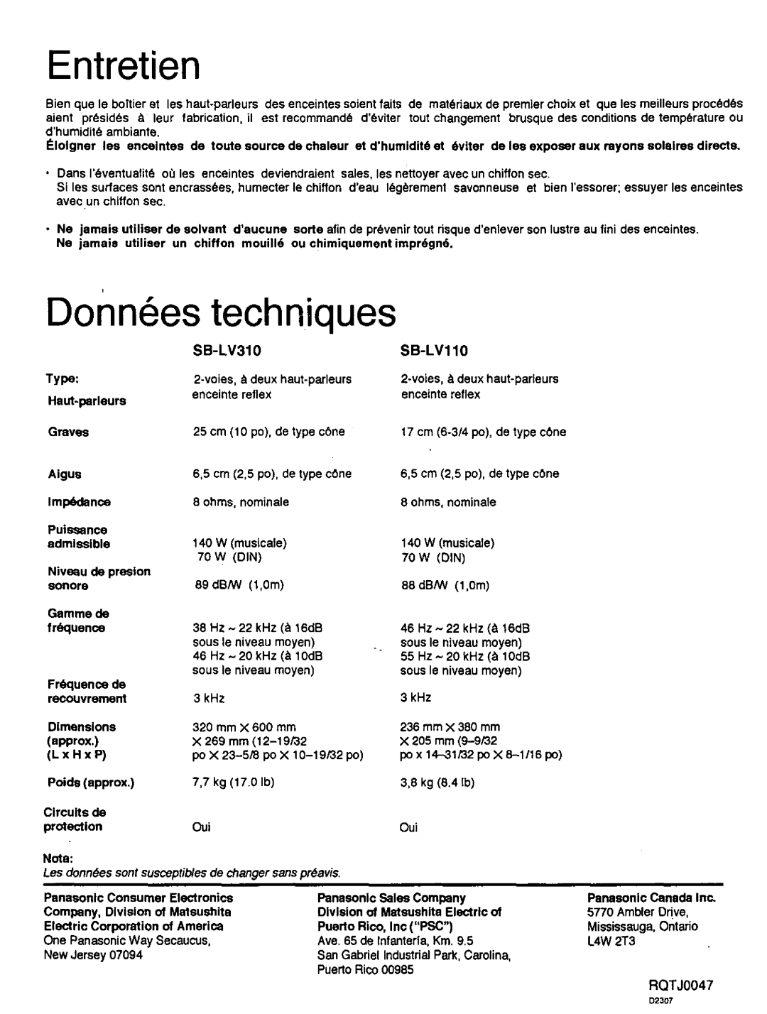 Technics SB-LV110, SB-LV310 manual 