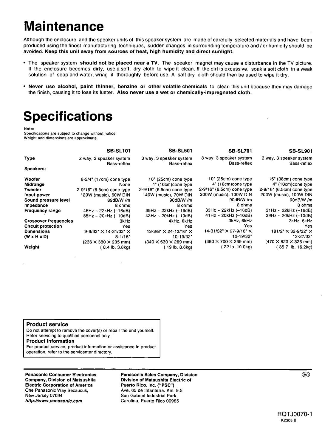 Technics SB-SL101 manual 