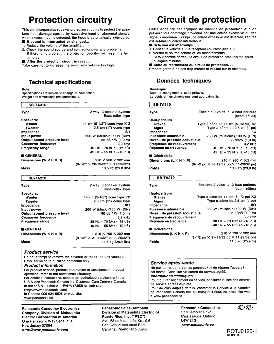 Technics SB-TA210, SB-TA310 manual 