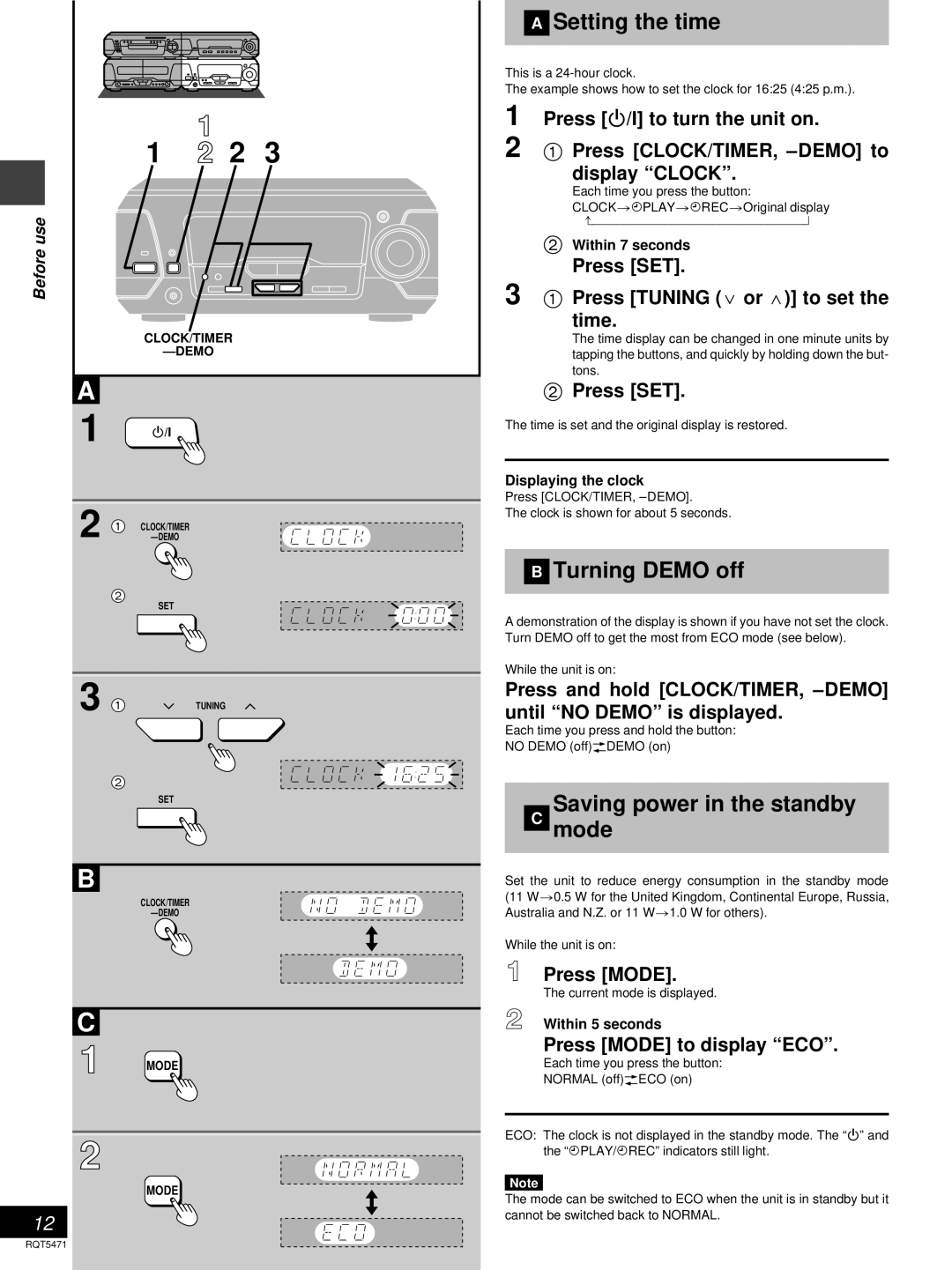 Technics SC-DV170 manual »A Setting the time, »B Turning Demo off, » Saving power in the standby C mode 