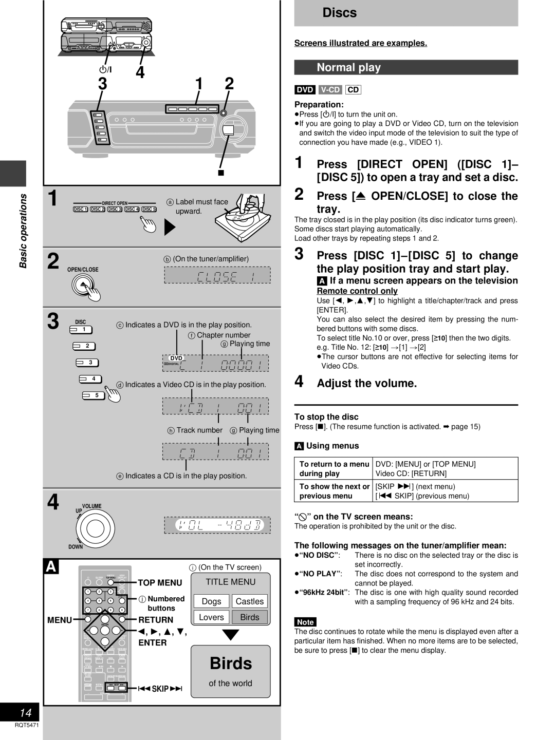 Technics SC-DV170 Discs, Normal play, Adjust the volume, Basic operations, If a menu screen appears on the television 