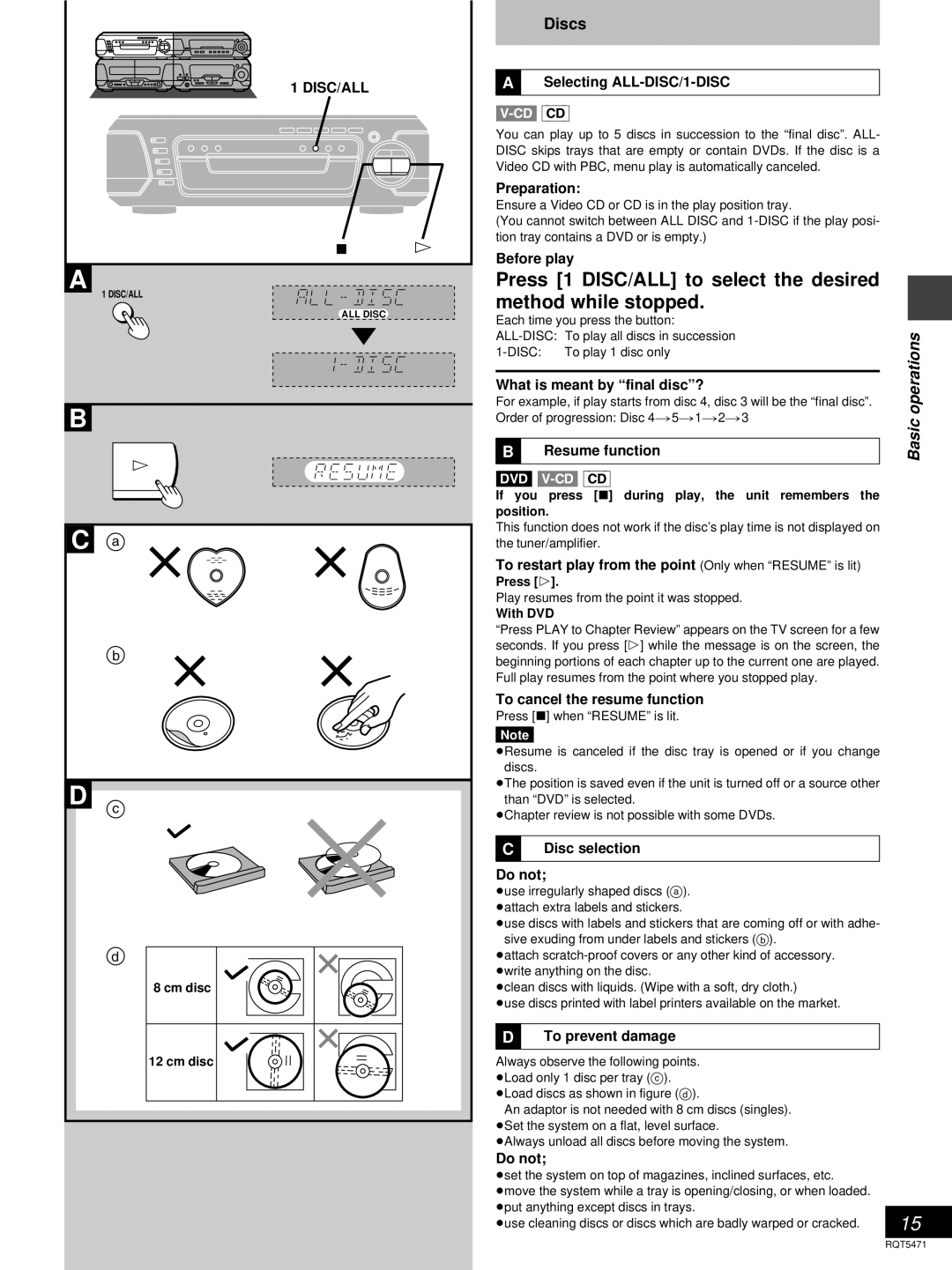 Technics SC-DV170 manual Press 1 DISC/ALL to select the desired Method while stopped, Operations, Basic, Disc/All 