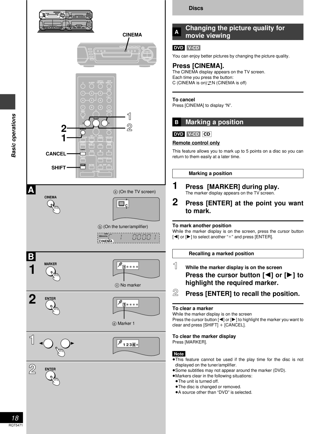 Technics SC-DV170 manual » Changing the picture quality for Movie viewing, Press Cinema, »B Marking a position 