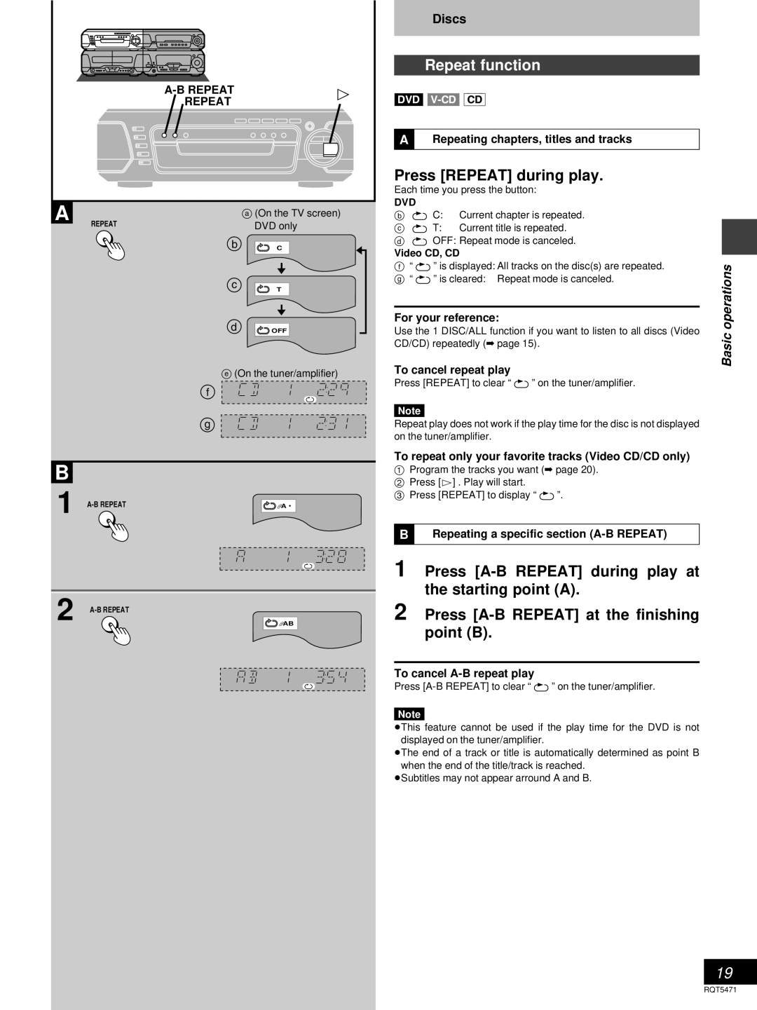 Technics SC-DV170 manual Repeat function, Press Repeat during play 