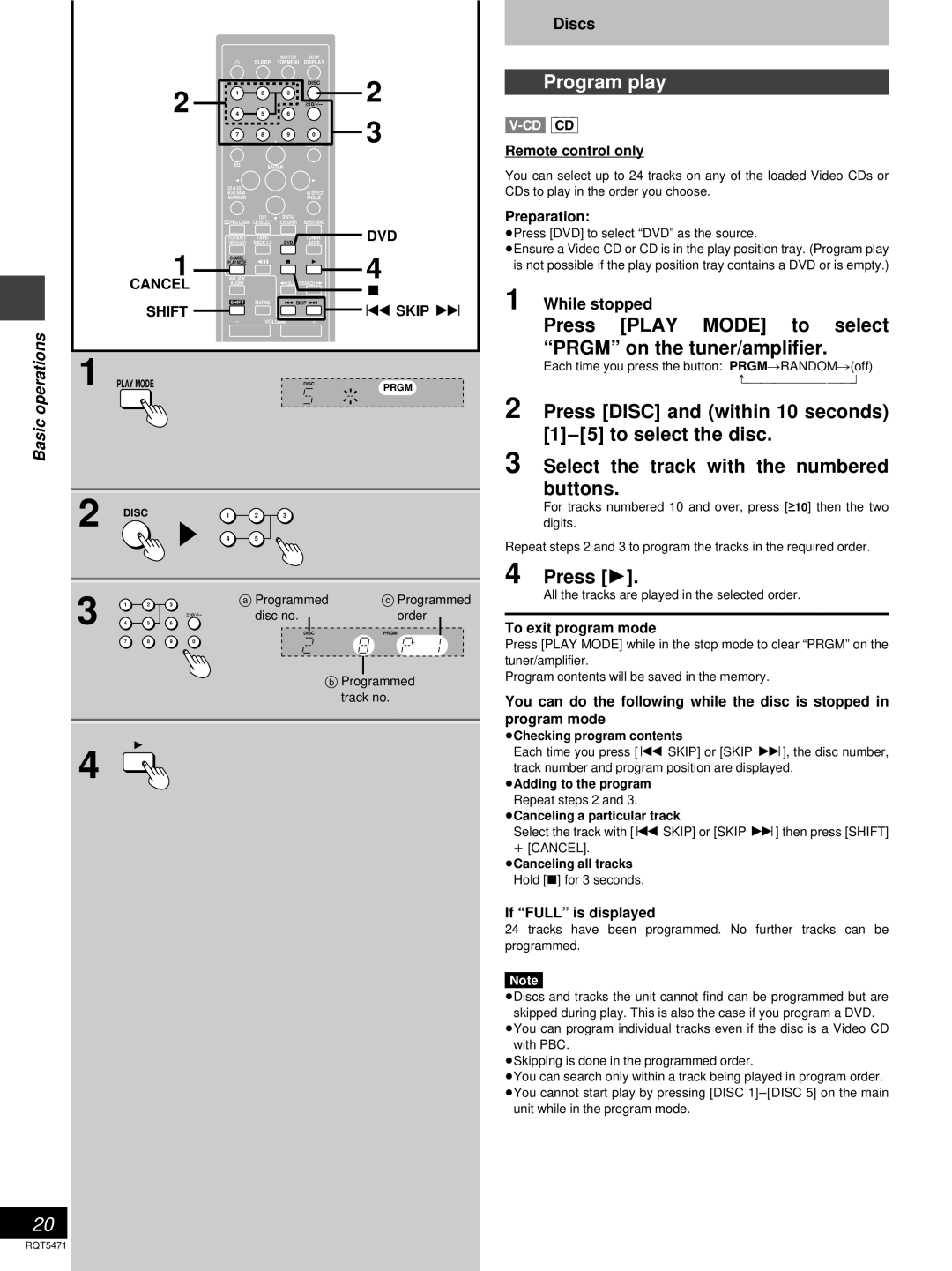 Technics SC-DV170 manual Program play, Press Play Mode to select Prgm on the tuner/amplifier, While stopped 