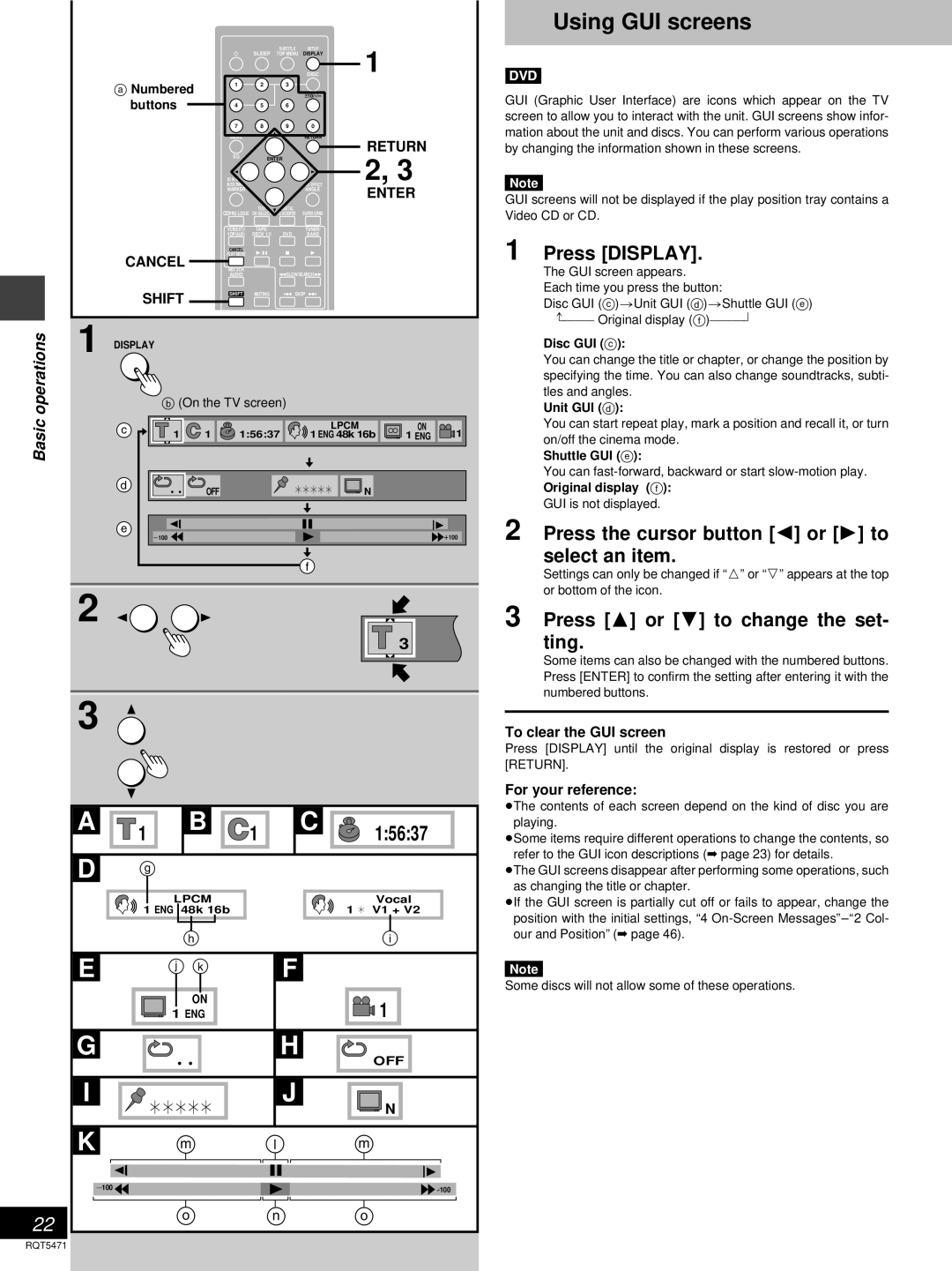 Technics SC-DV170 manual Using GUI screens, Press Display, Press the cursor button 2 or 1 to select an item, Cancel 