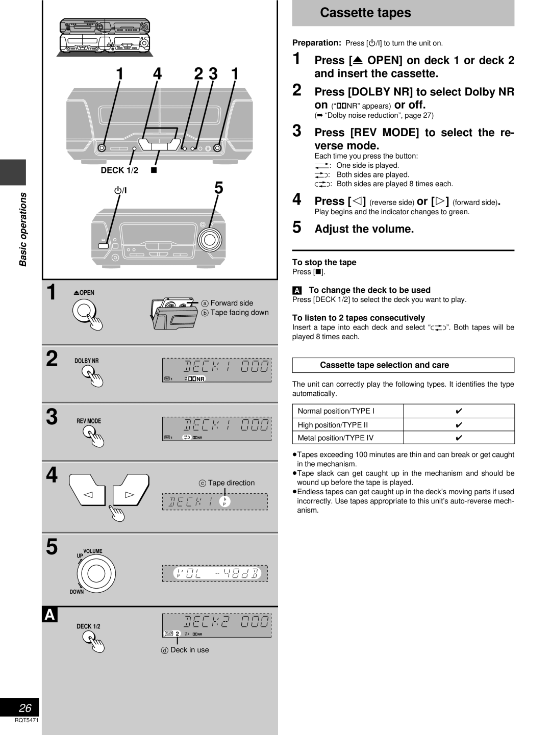 Technics SC-DV170 manual Cassette tapes, Press REV Mode to select the re- verse mode 