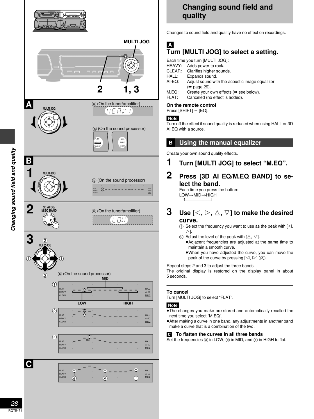 Technics SC-DV170 Changing sound field and quality, Turn Multi JOG to select a setting, »B Using the manual equalizer 