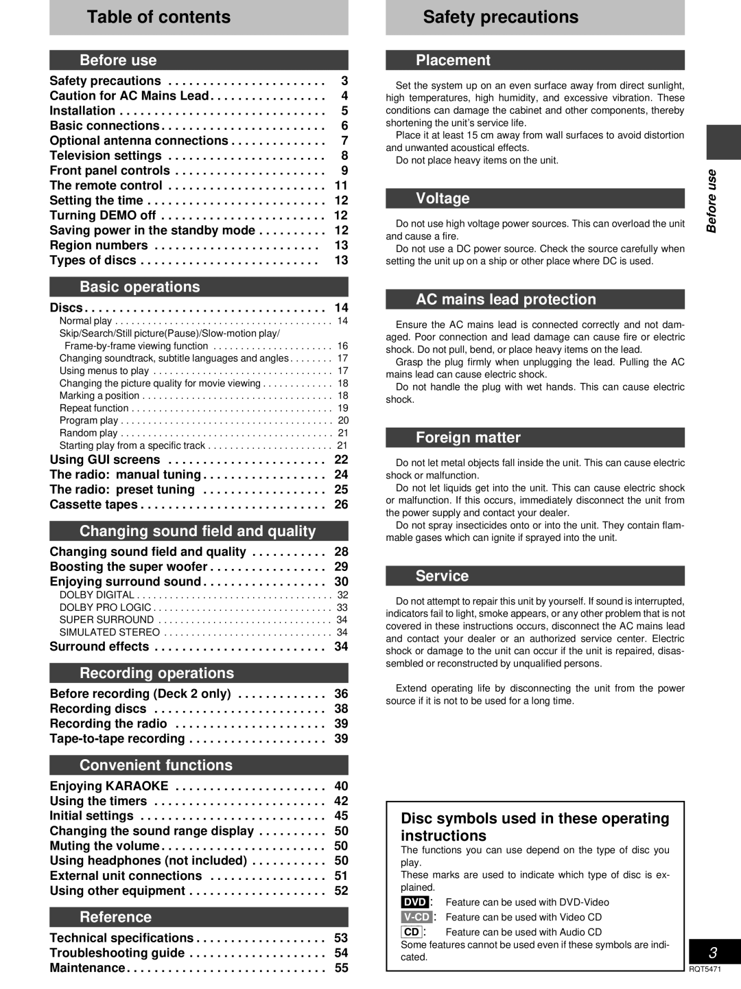 Technics SC-DV170 manual Table of contents 