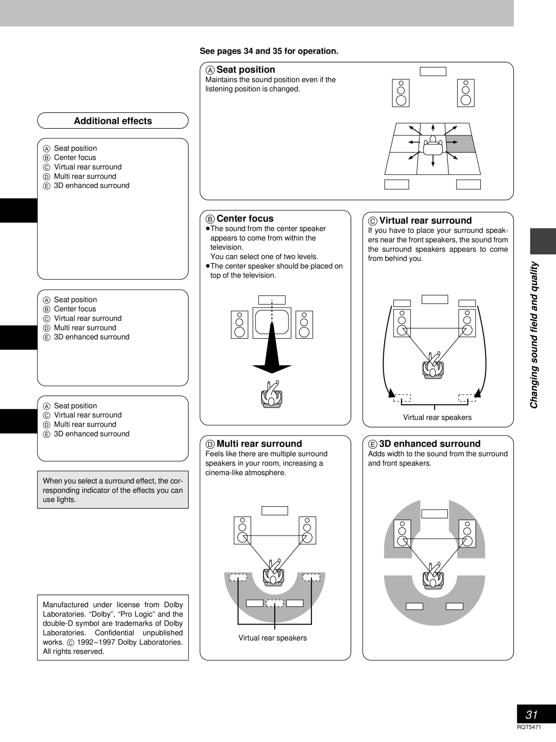 Technics SC-DV170 manual Seat position, Additional effects, Center focus, Multi rear surround, Virtual rear surround 