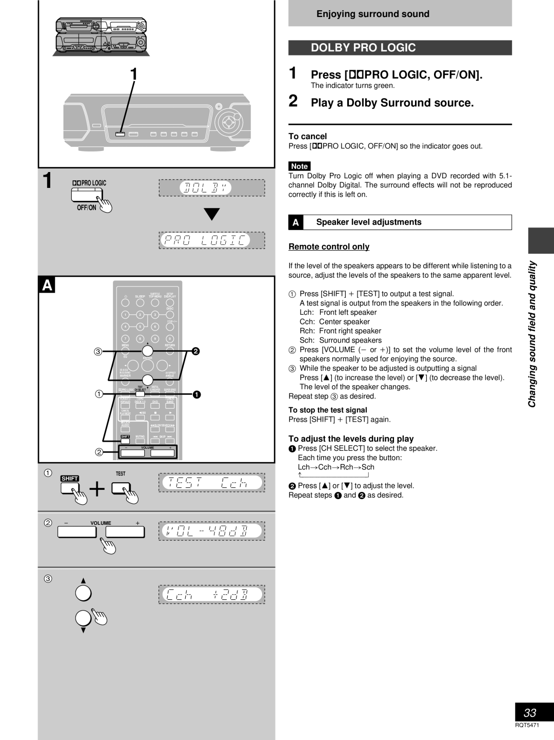 Technics SC-DV170 manual Press ëPRO LOGIC, OFF/ON, Play a Dolby Surround source, Sound 