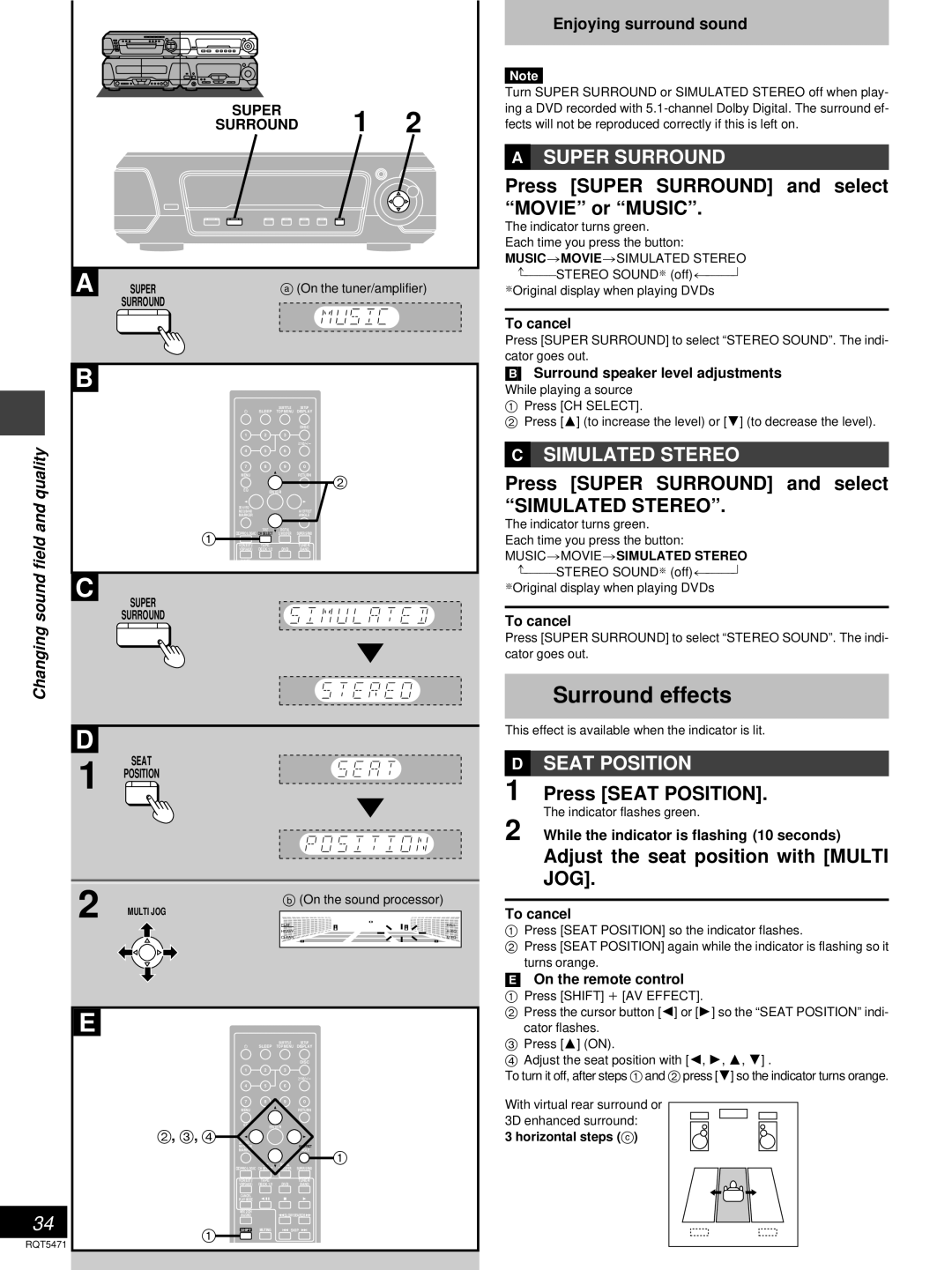 Technics SC-DV170 manual Surround effects, Press Super Surround and select Movie or Music, Press Seat Position 