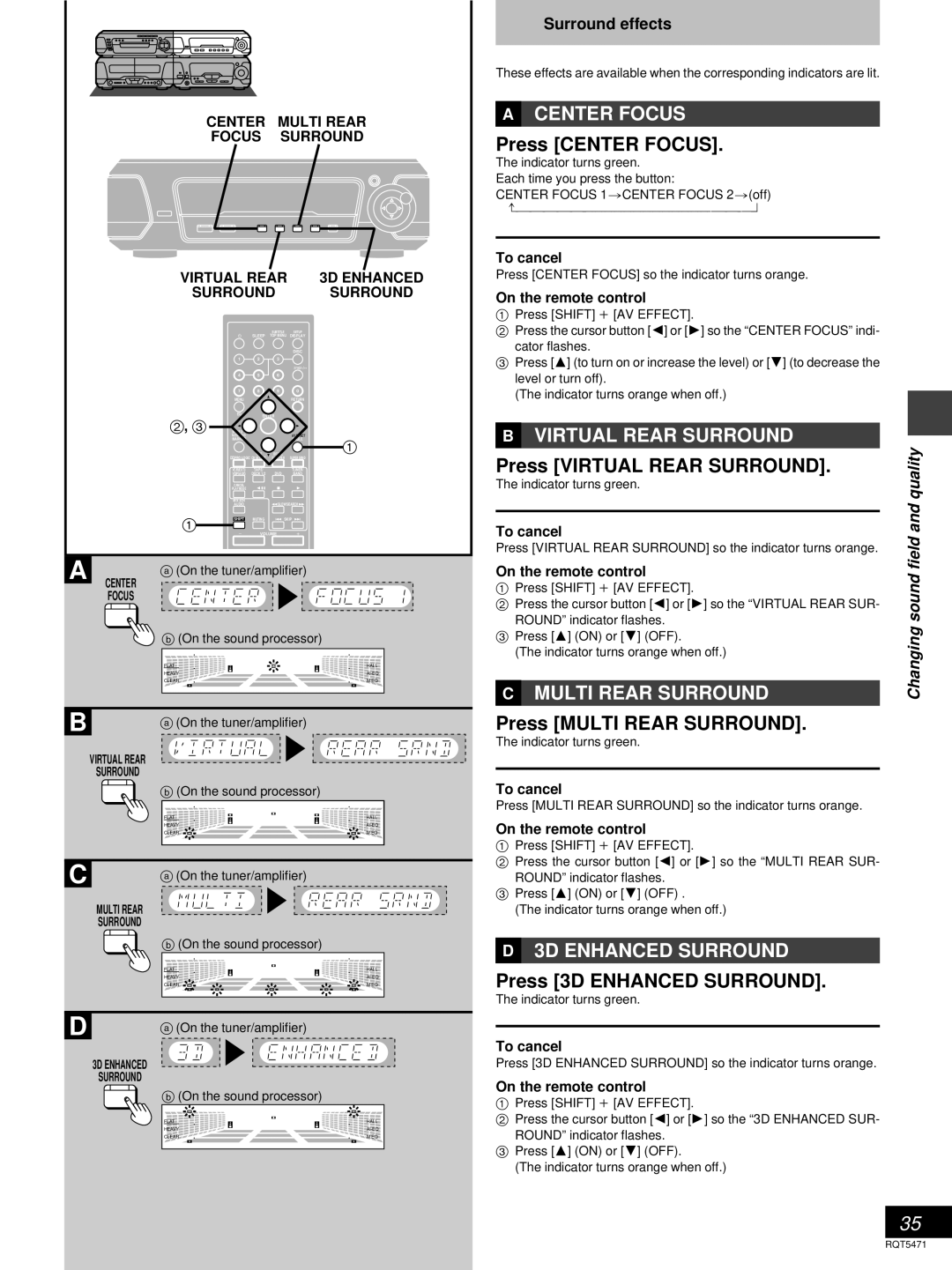 Technics SC-DV170 Press Center Focus, Press Virtual Rear Surround, Press Multi Rear Surround, Press 3D Enhanced Surround 