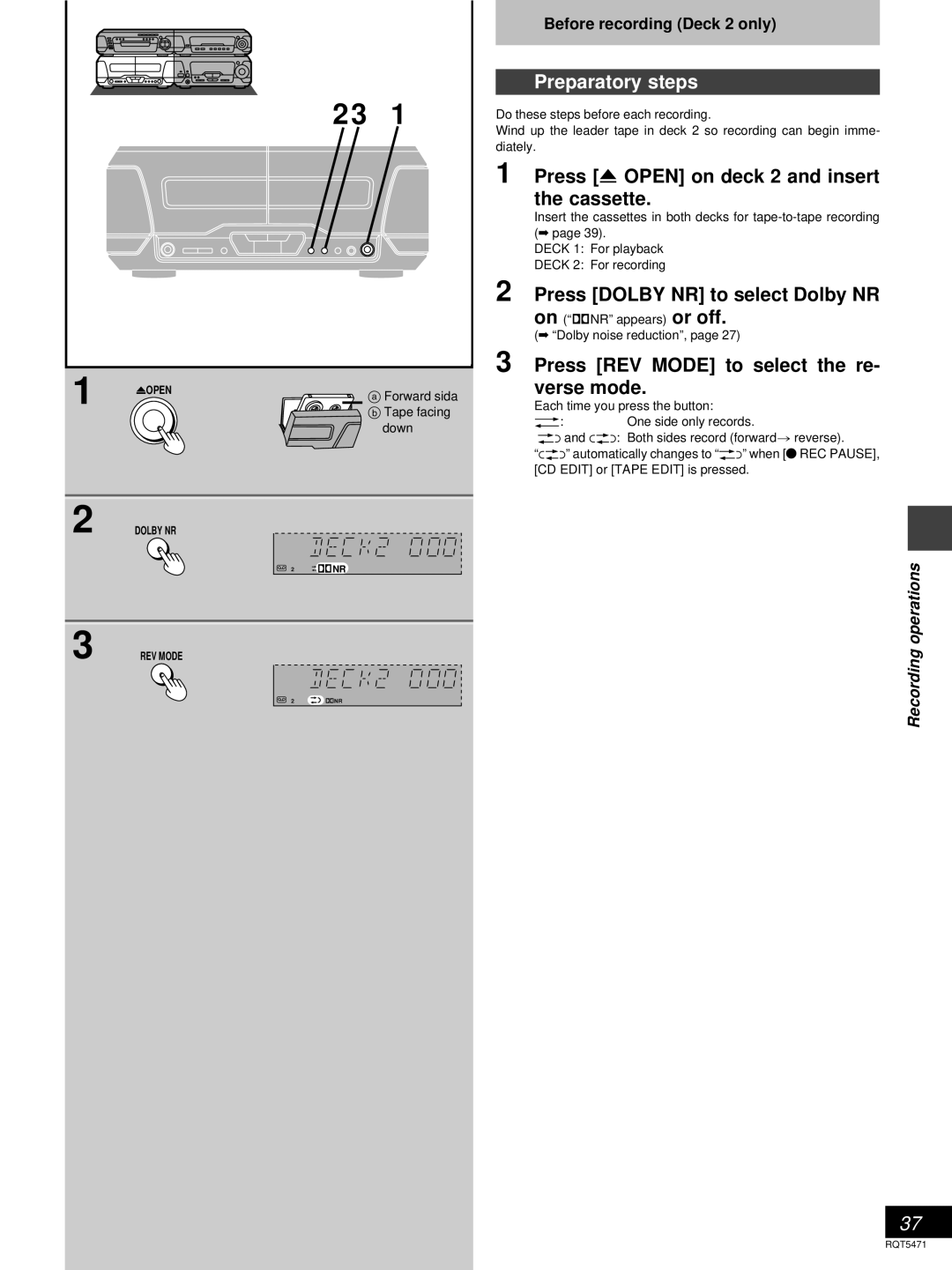 Technics SC-DV170 manual Preparatory steps, Press Open on deck 2 and insert the cassette, Before recording Deck 2 only 