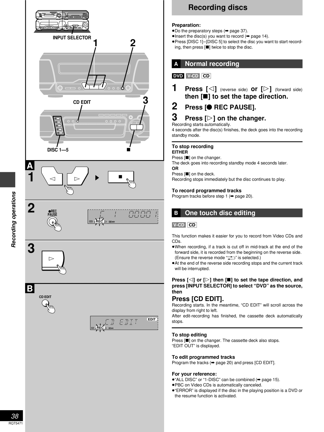 Technics SC-DV170 Recording discs, »A Normal recording, »B One touch disc editing, Press CD Edit, Input Selector CD Edit 