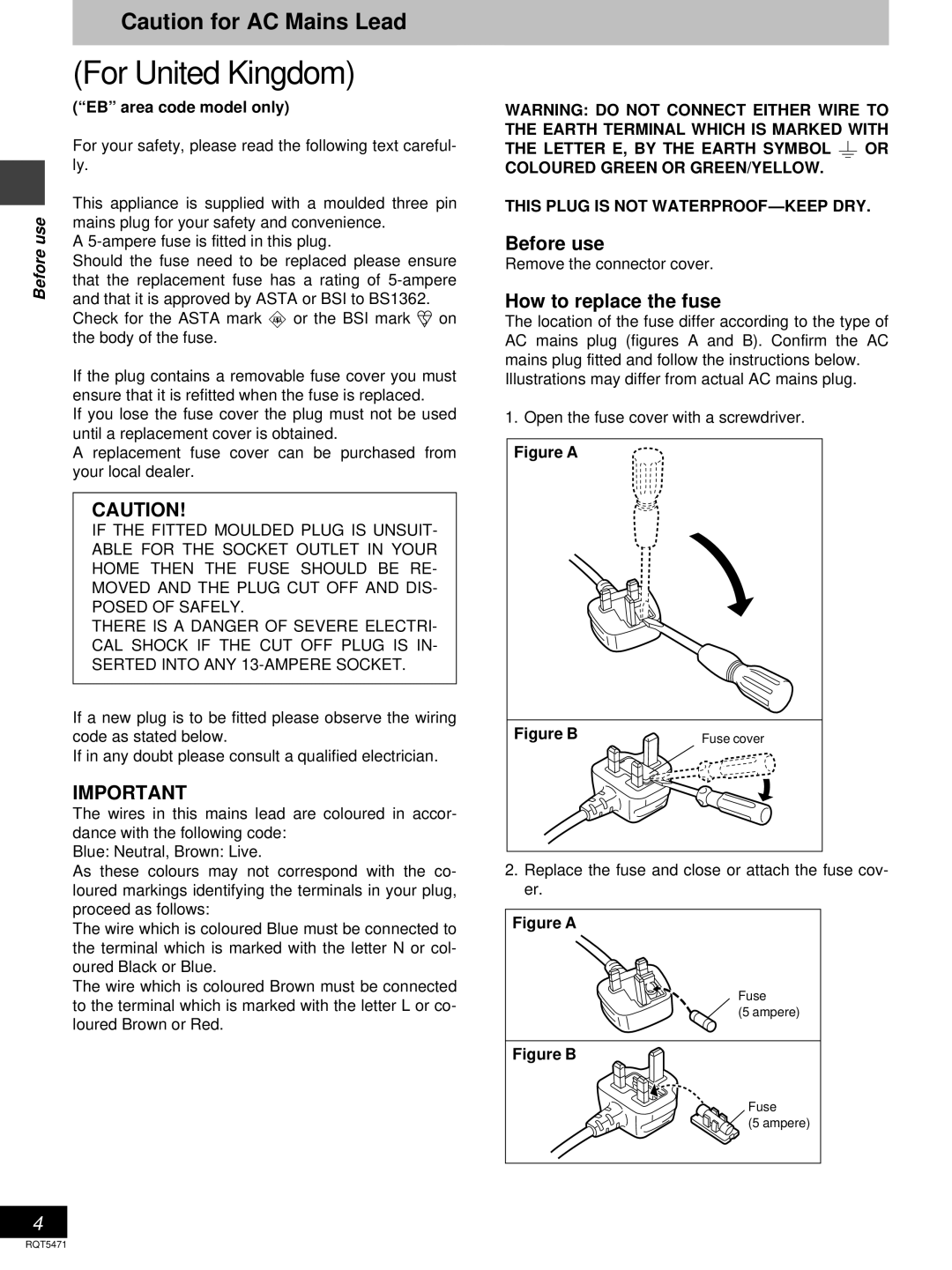 Technics SC-DV170 manual Before use, How to replace the fuse, EB area code model only 