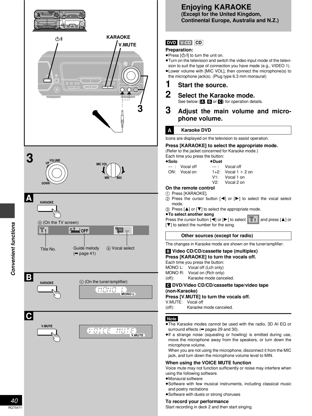 Technics SC-DV170 manual Enjoying Karaoke, Start the source Select the Karaoke mode, Convenient functions, Mute 