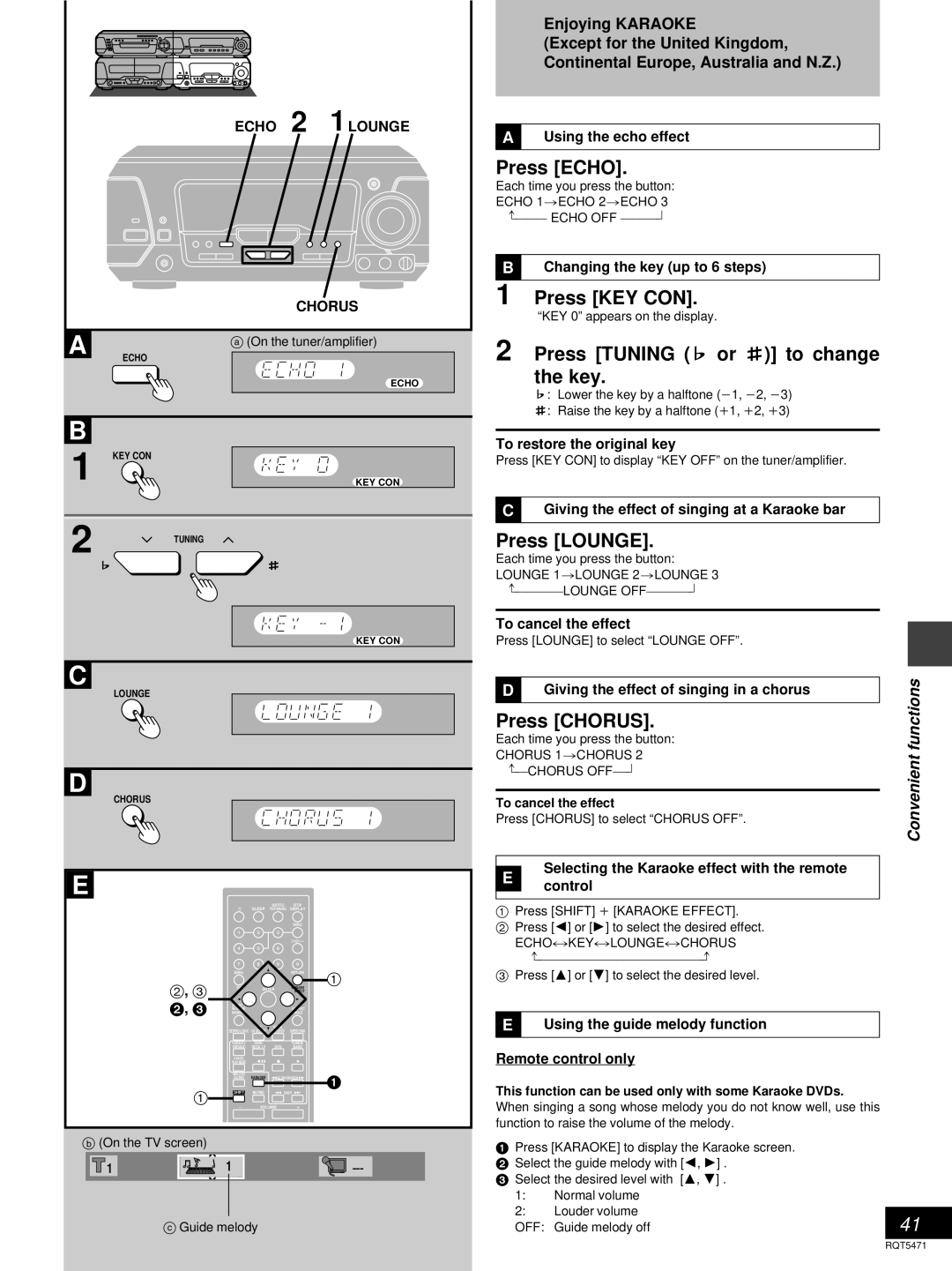 Technics SC-DV170 manual Press Echo, Press KEY CON, Press Tuning Ý or ß to change, Key, Press Lounge, Press Chorus 