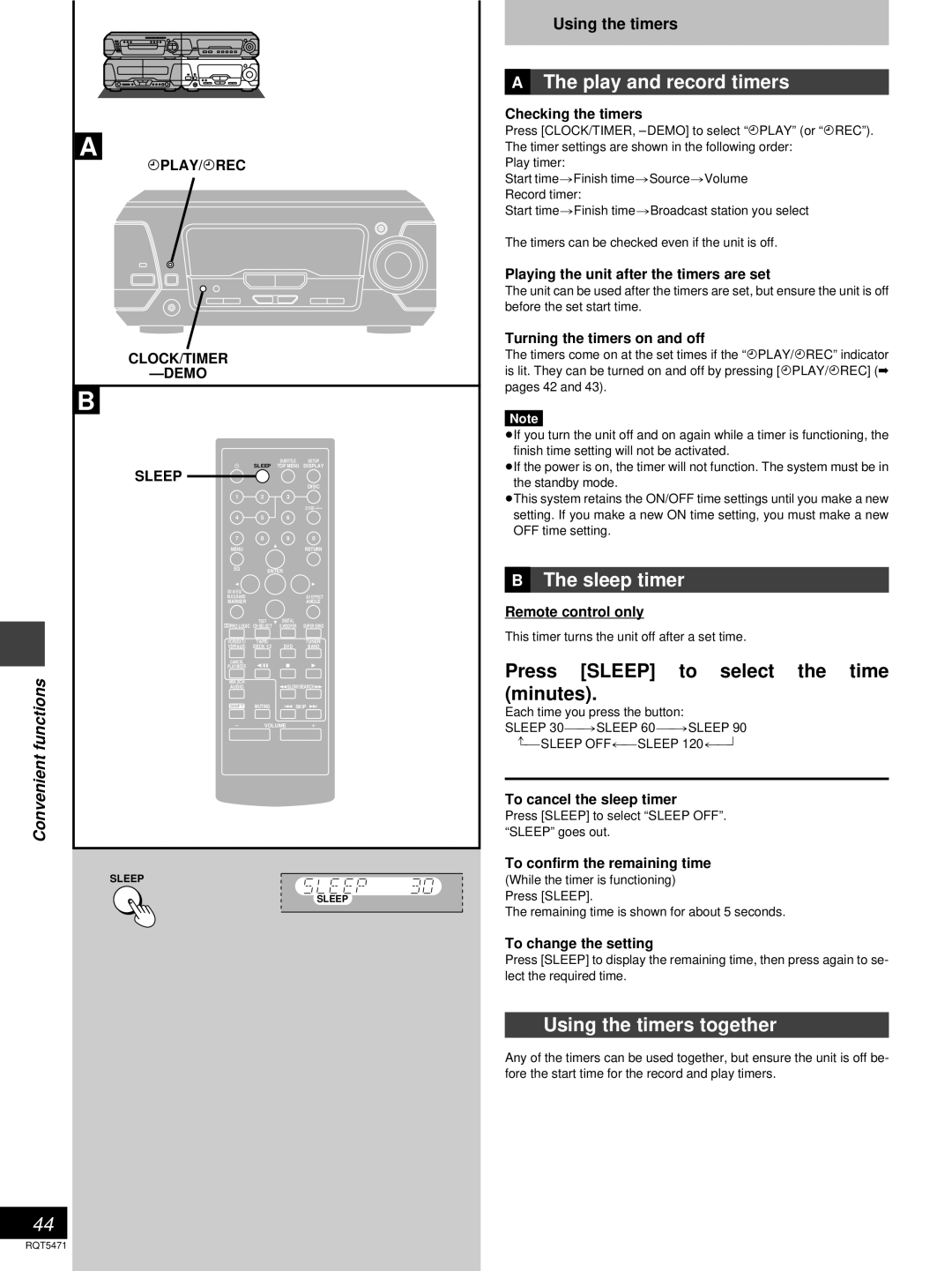 Technics SC-DV170 manual »A The play and record timers, »B The sleep timer, Press Sleep to select the time minutes 