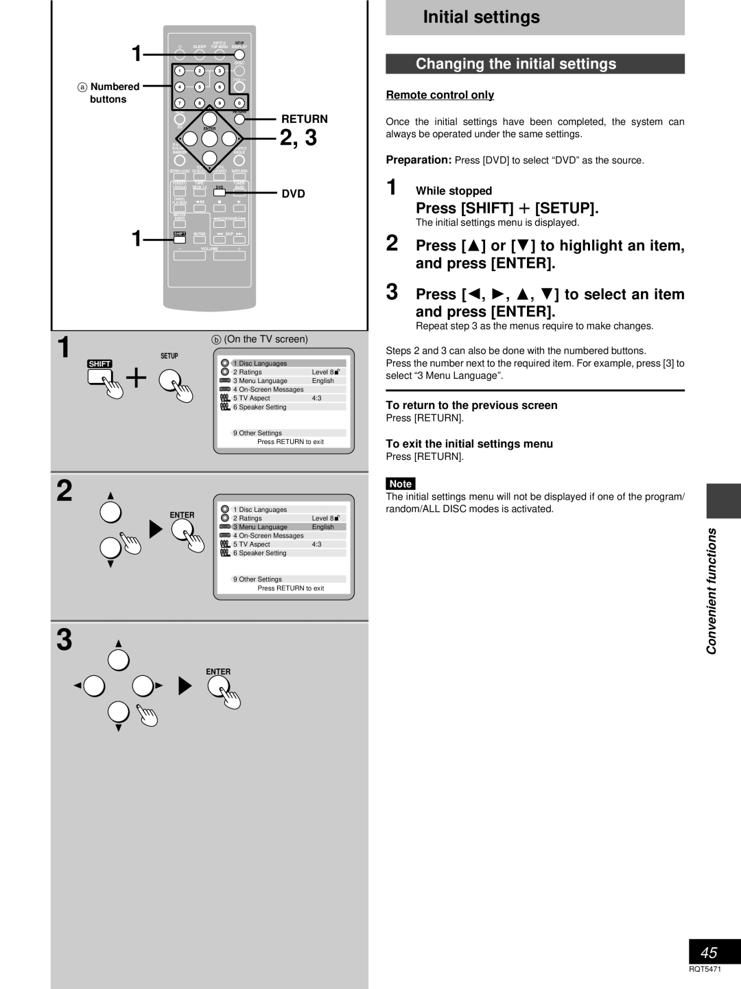 Technics SC-DV170 manual Initial settings, Changing the initial settings, Press Shift r Setup, Dvd 