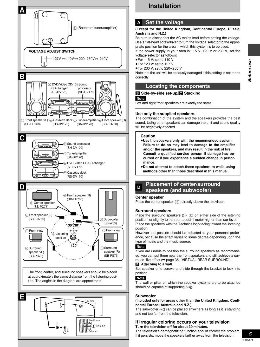 Technics SC-DV170 manual Set the voltage, Locating the components, » Placement of center/surround Speakers and subwoofer 