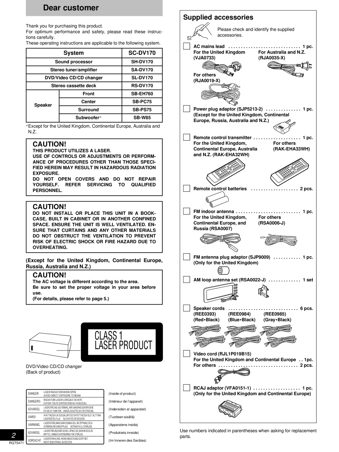 Technics SC-DV170 manual Dear customer, Supplied accessories, System 