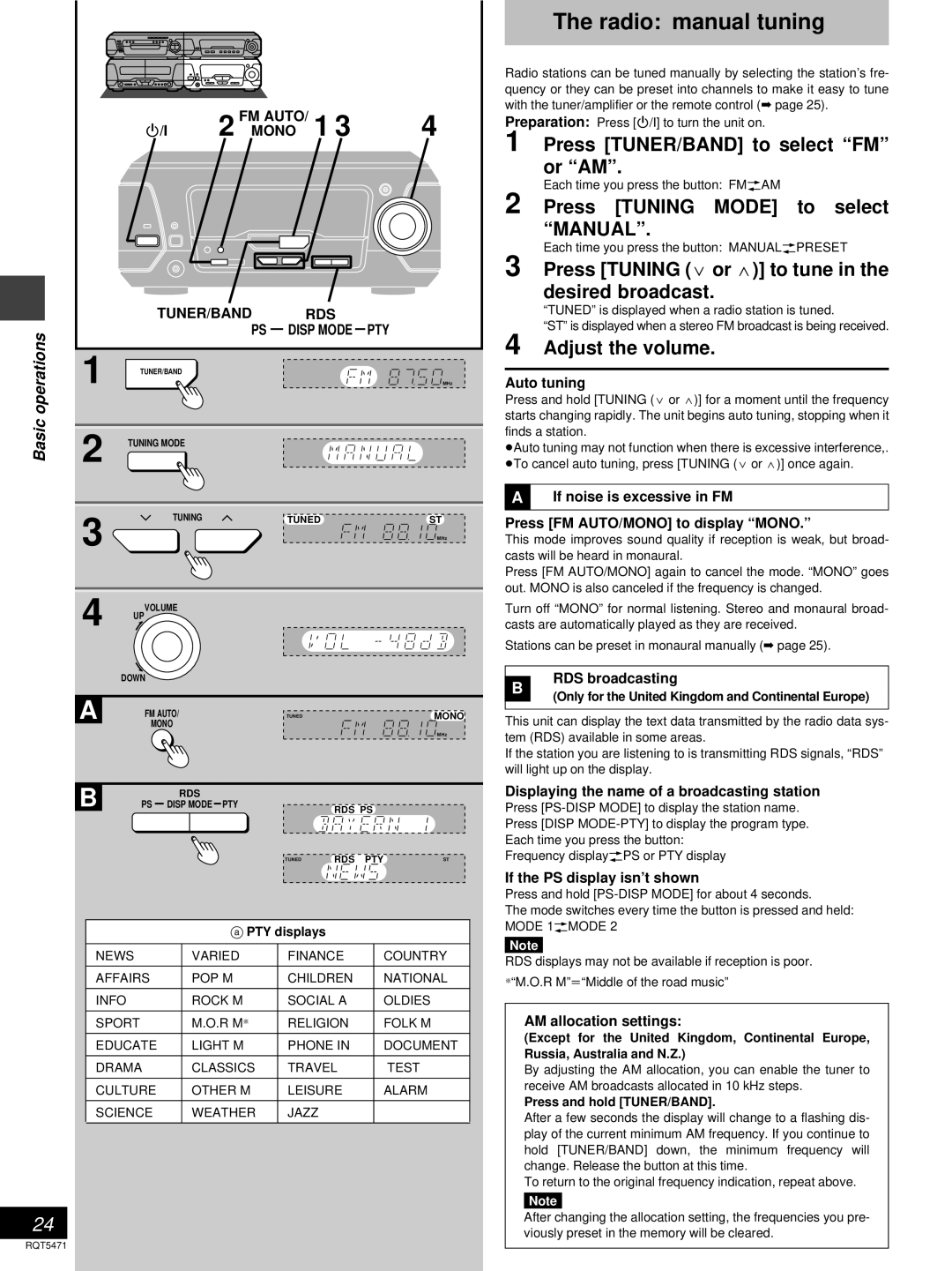 Technics SC-DV170 The radio: manual tuning, Adjust the volume, Fm Auto, Mono, Tuner/Band, Disp Mode, Auto tuning 