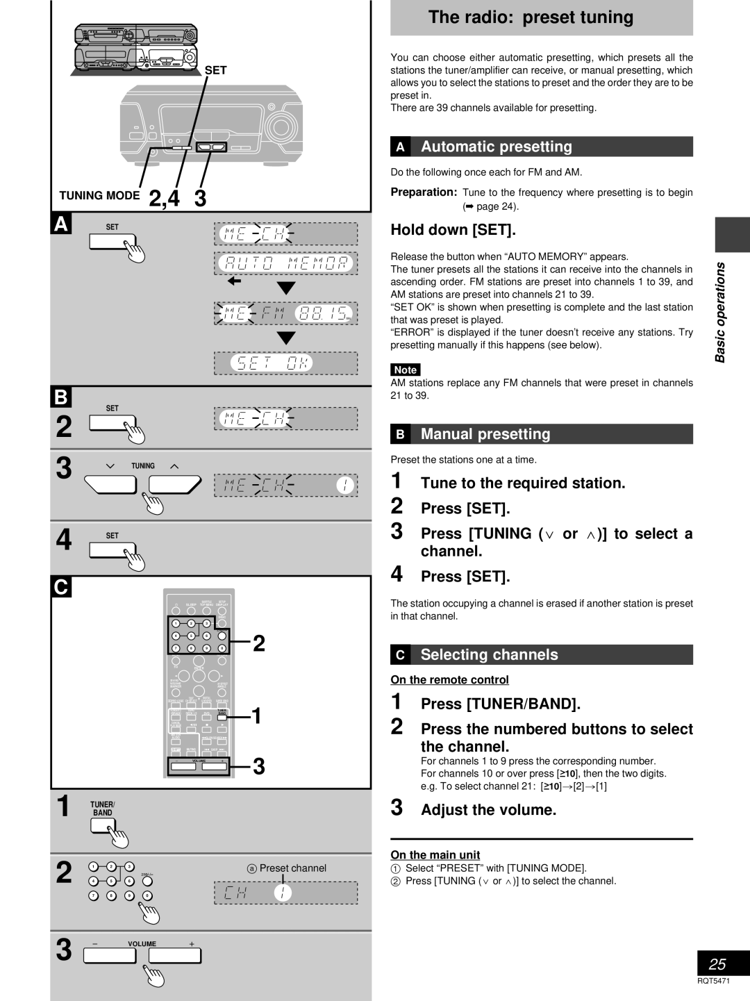 Technics SC-DV170 manual The radio: preset tuning, Hold down SET, Tune to the required station, Press SET, channel 