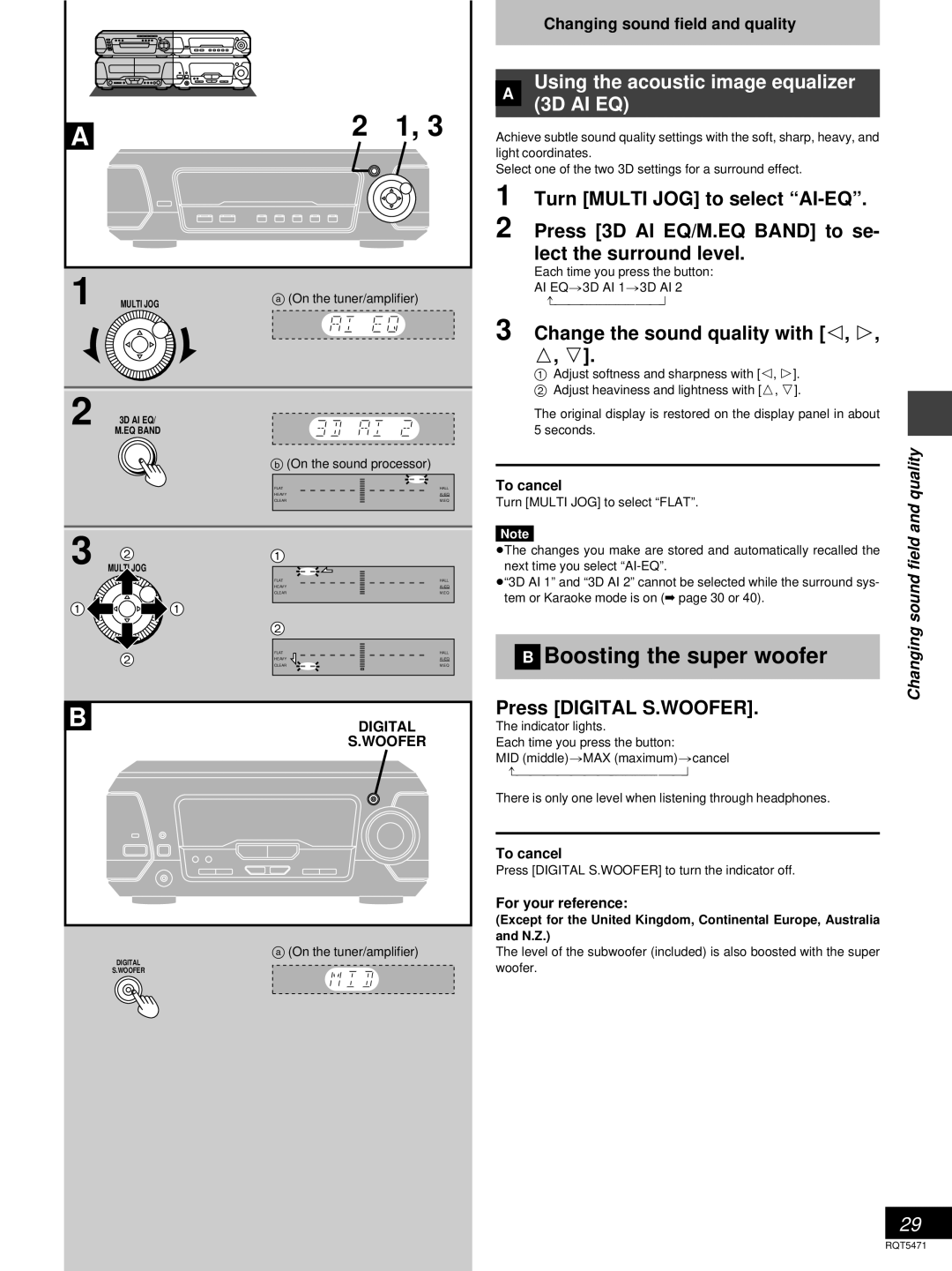 Technics SC-DV170 manual »B Boosting the super woofer, Turn MULTI JOG to select “AI-EQ”, Change the sound quality with #, $ 
