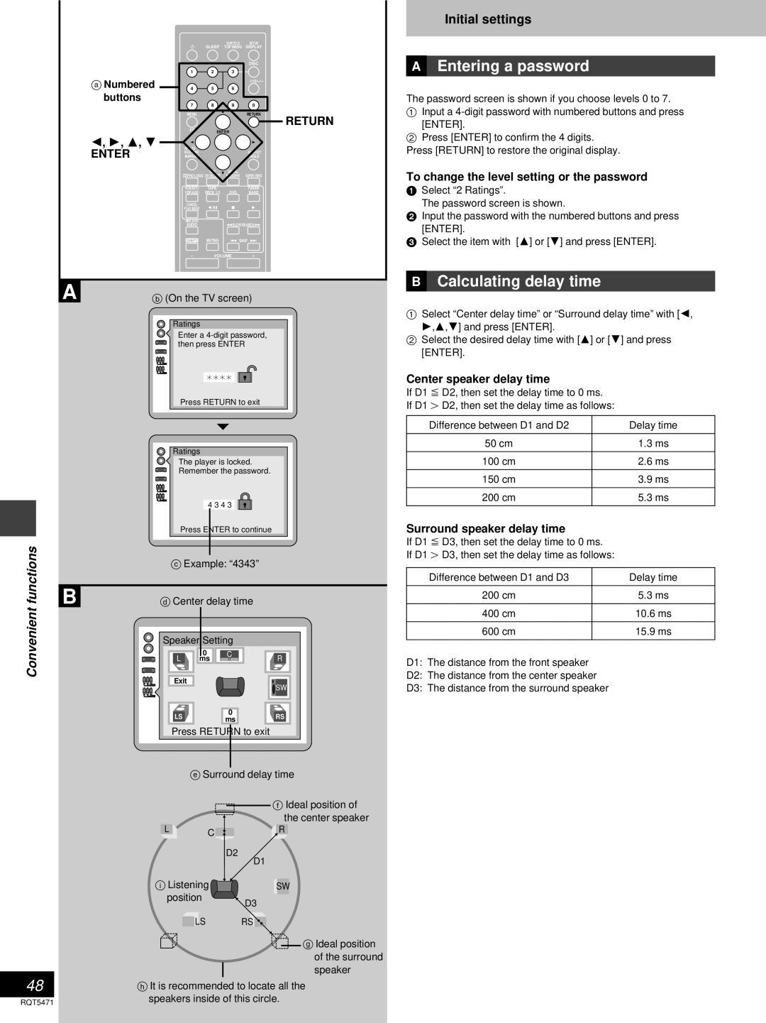 Technics SC-DV170 manual Initial settings, Convenient functions, 2, 1, 3, ENTER, Return, Center speaker delay time 