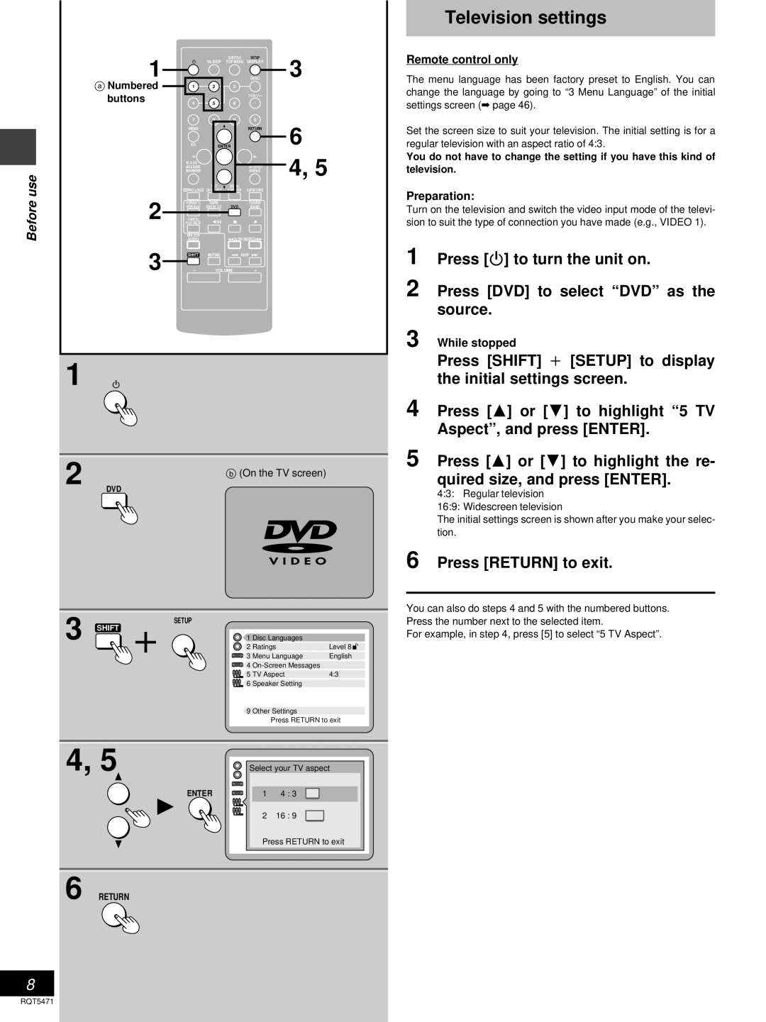 Technics SC-DV170 Television settings, Press DVD to select “DVD” as the source, Press 3 or 4 to highlight “5 TV, buttons 