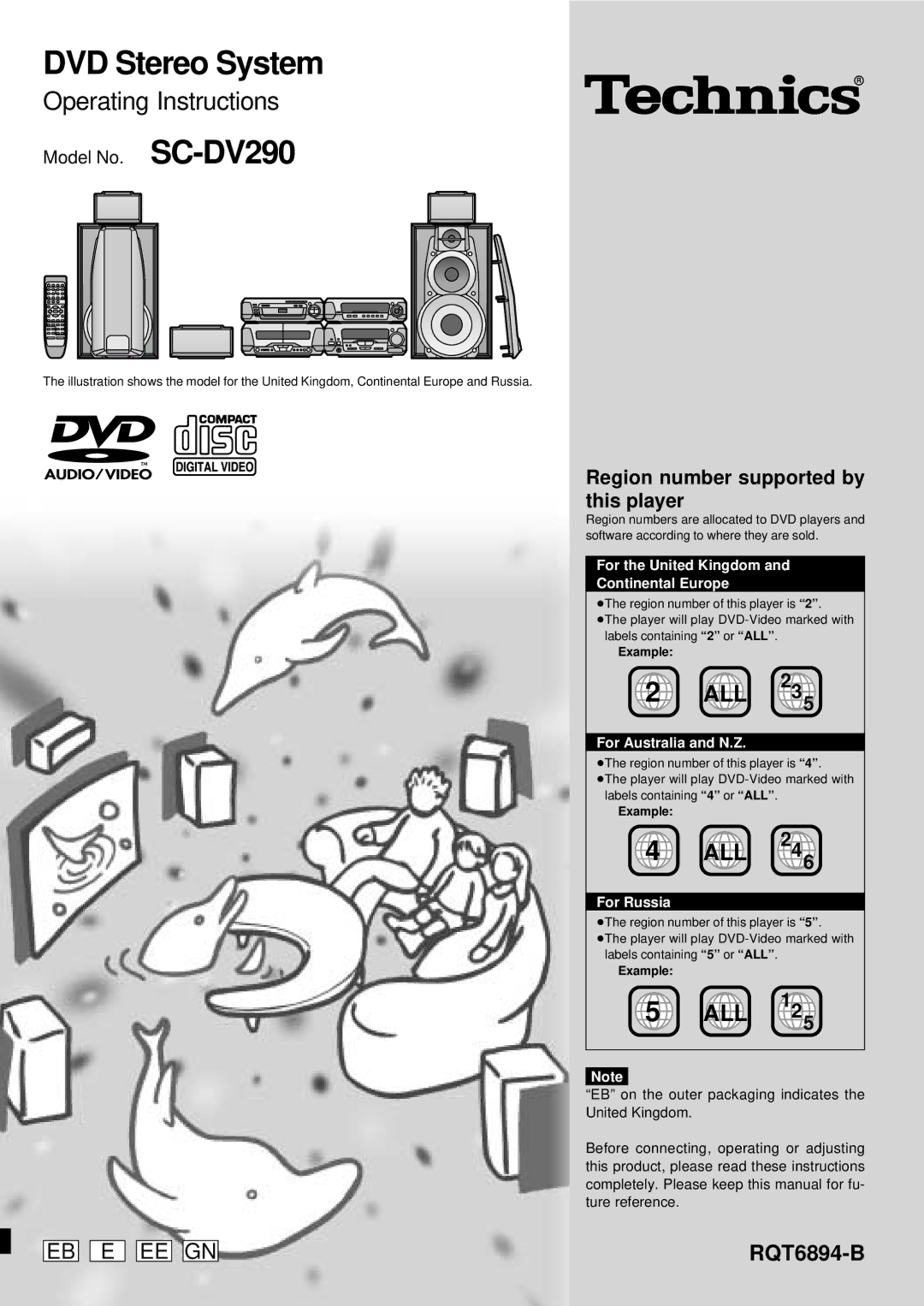 Technics SC-DV290 manual Region number supported by this player, RQT6894-B, Example 