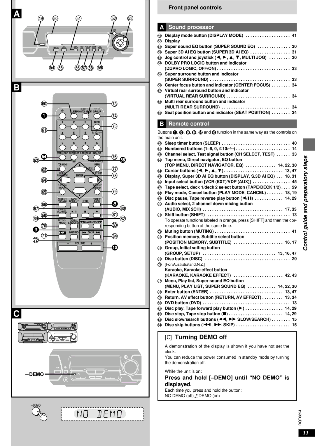 Technics SC-DV290 Front panel controls, Sound processor, Remote control, Press and hold -DEMO until no Demo is displayed 