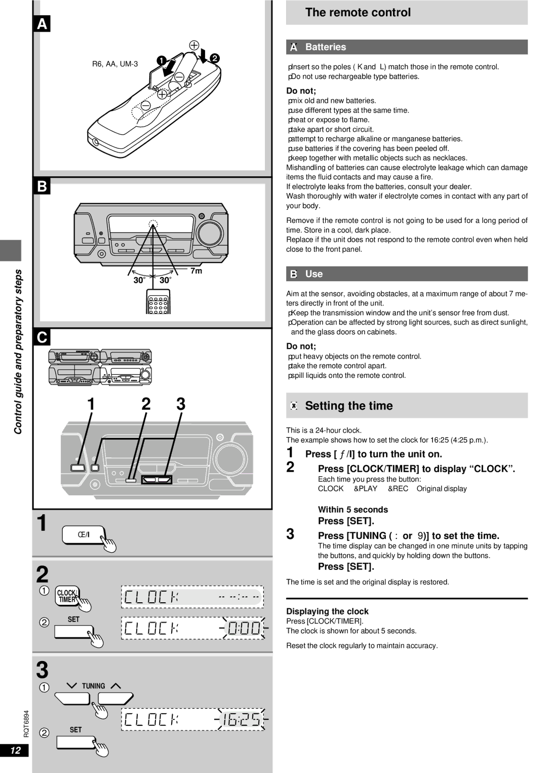 Technics SC-DV290 manual Remote control, Setting the time, Steps, Control 