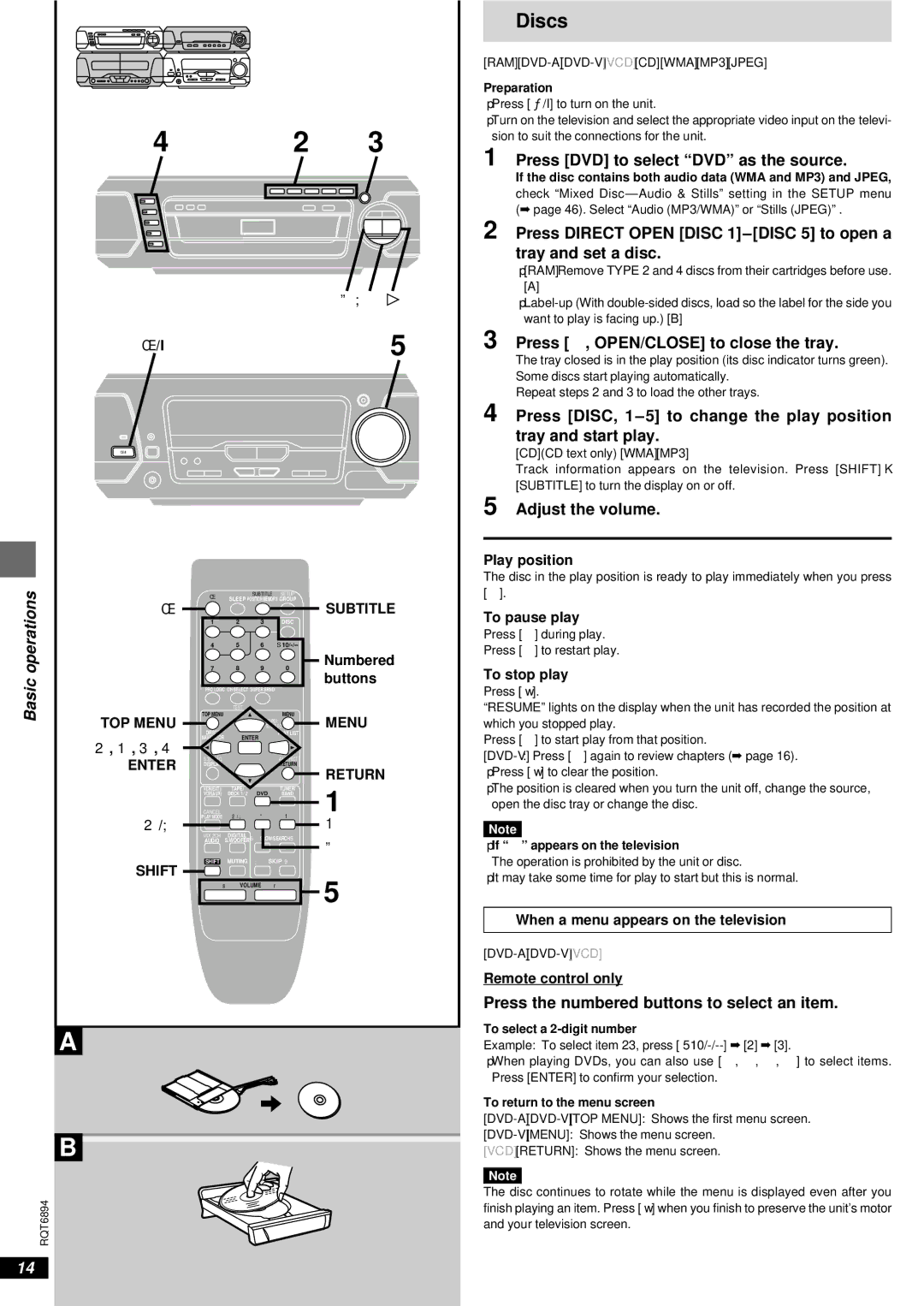 Technics SC-DV290 manual Discs, Basic operations 