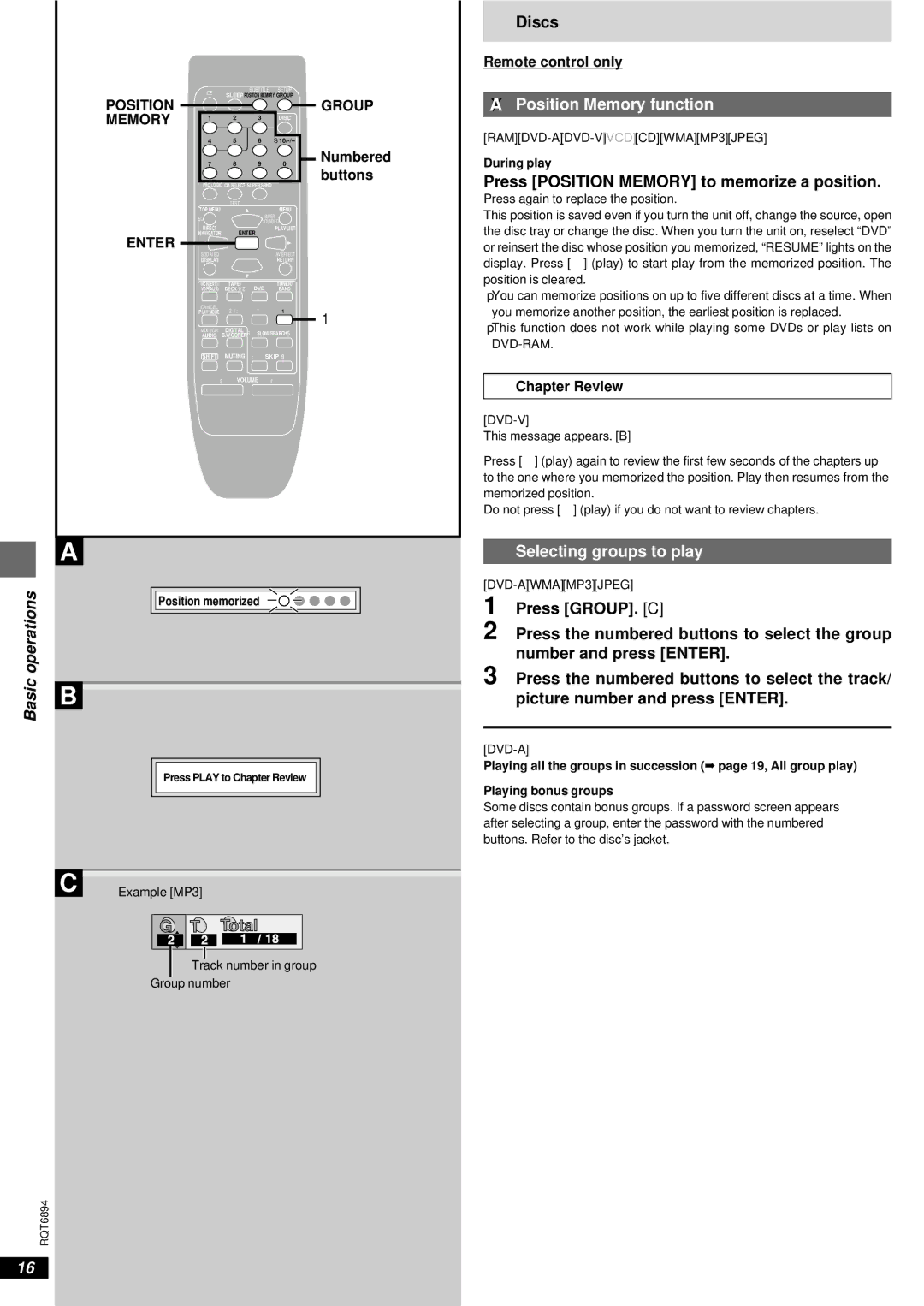 Technics SC-DV290 manual Position Memory function, Press Position Memory to memorize a position, Selecting groups to play 