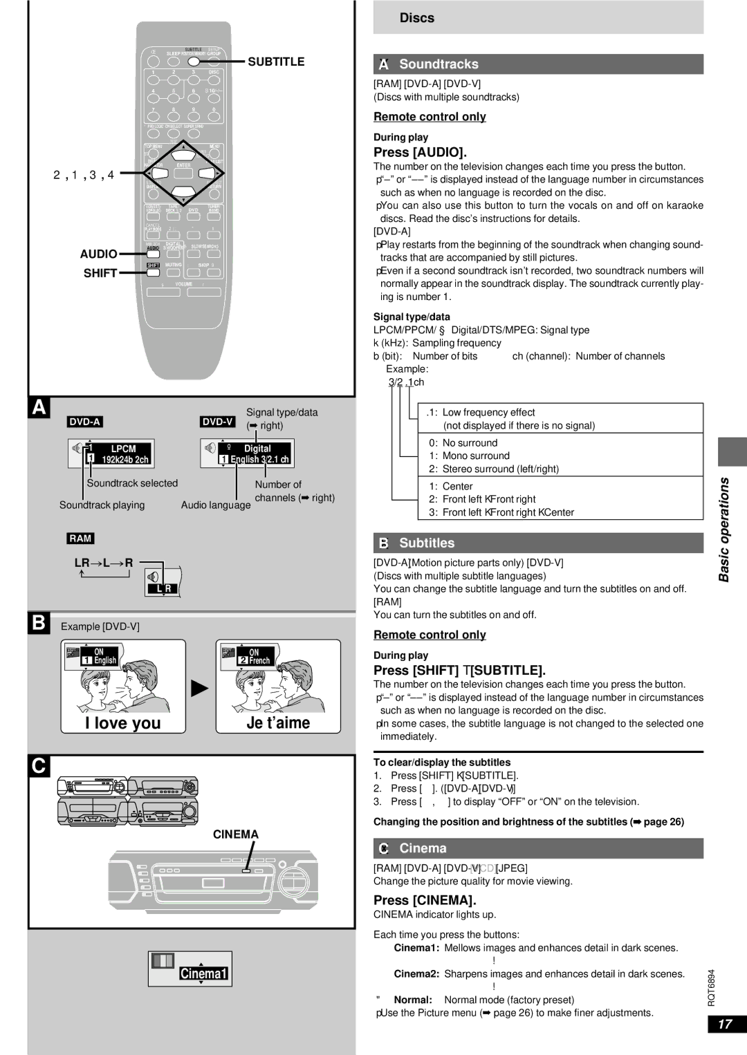 Technics SC-DV290 manual Love you, Soundtracks, Subtitles, Basic, Cinema 