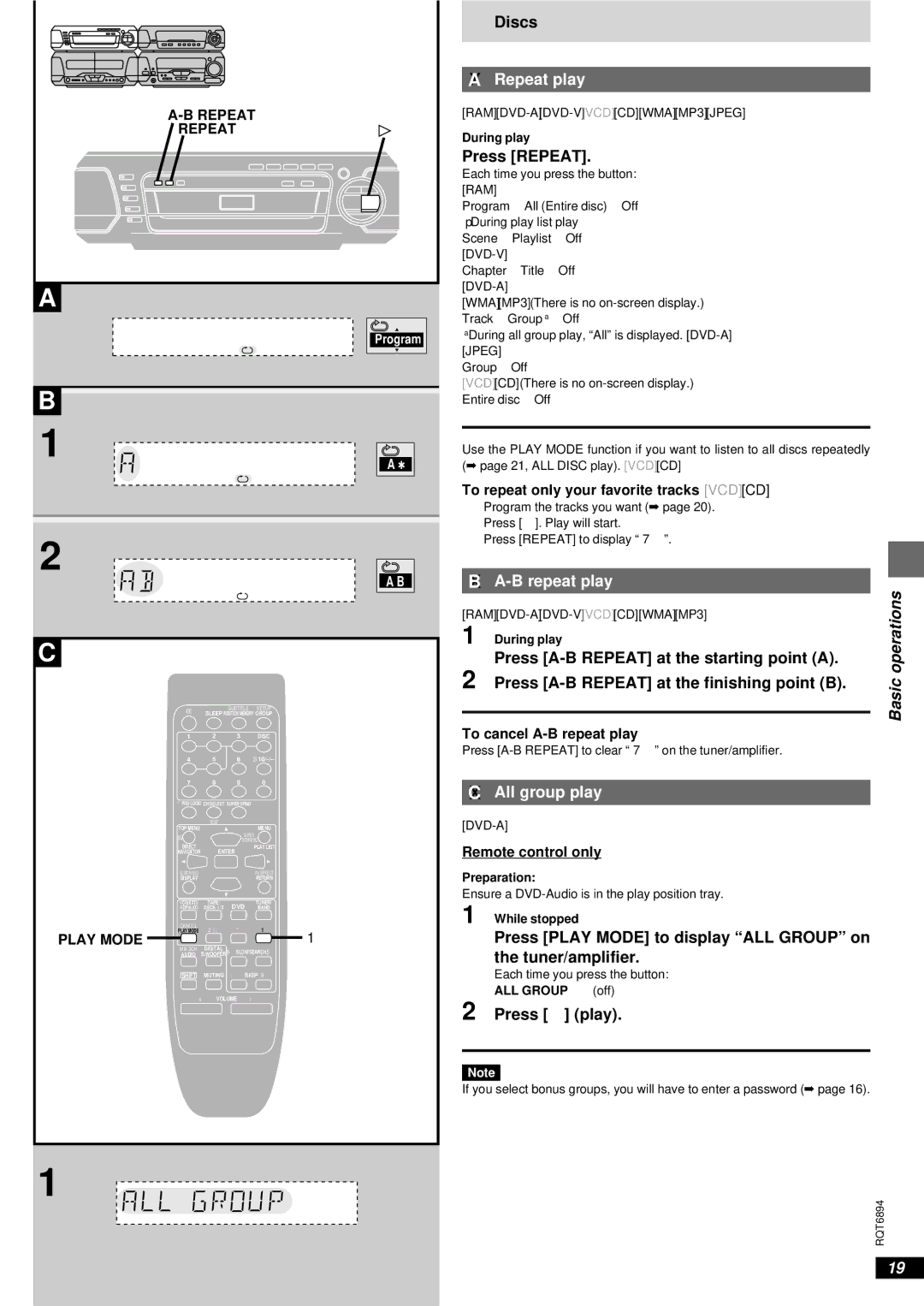 Technics SC-DV290 manual Repeat play, B repeat play, All group play 