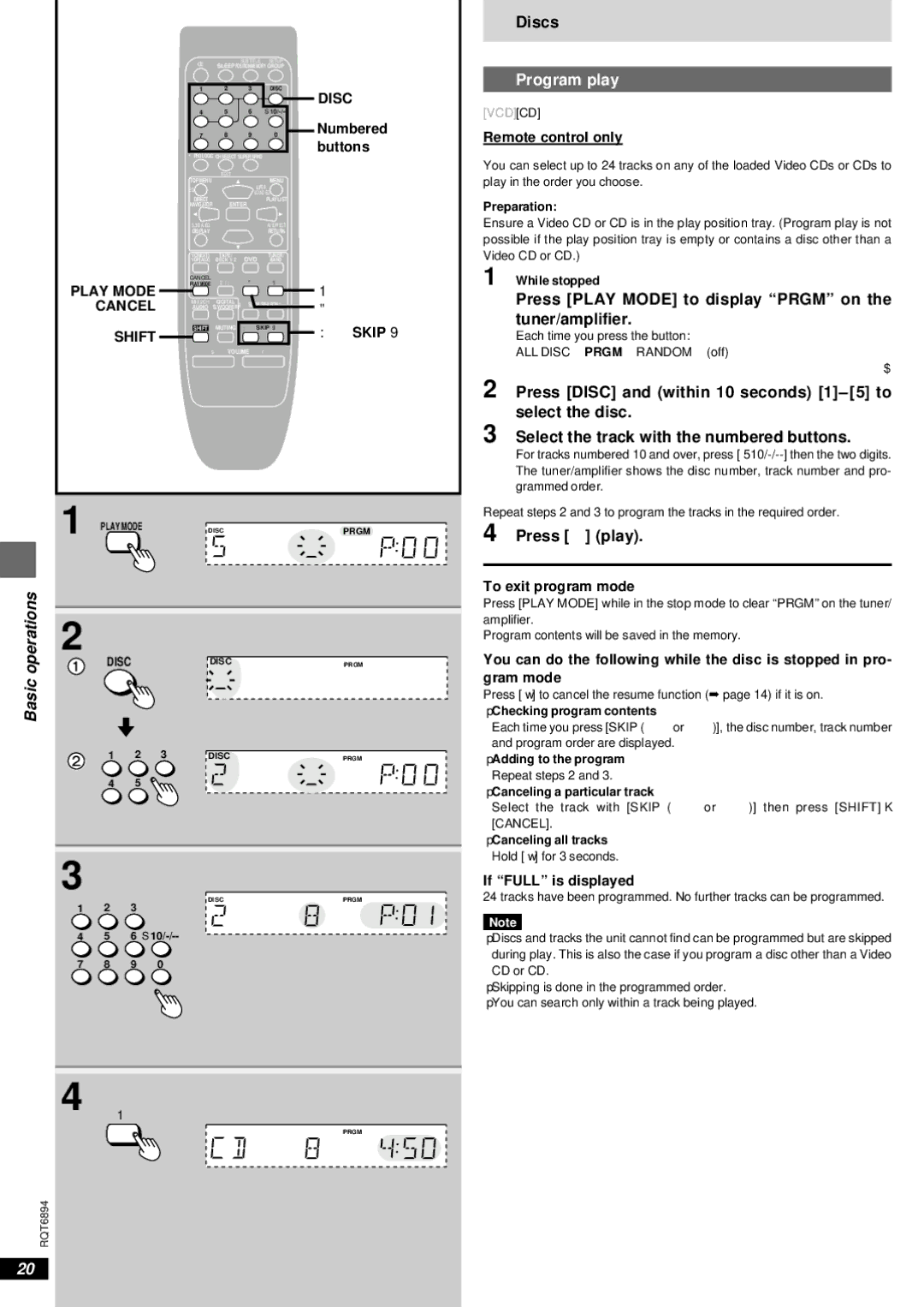 Technics SC-DV290 manual Program play, Press Play Mode to display Prgm on the tuner/amplifier, Disc, Shift 