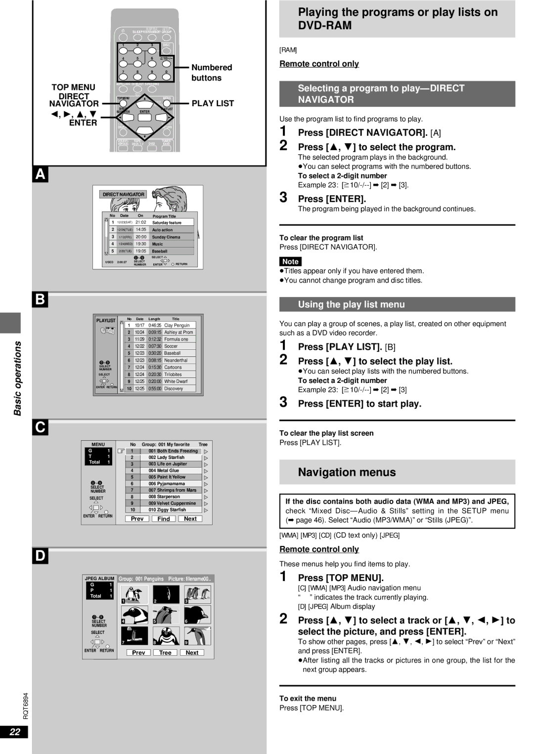 Technics SC-DV290 manual Playing the programs or play lists on, Navigation menus, Selecting a program to play-DIRECT 