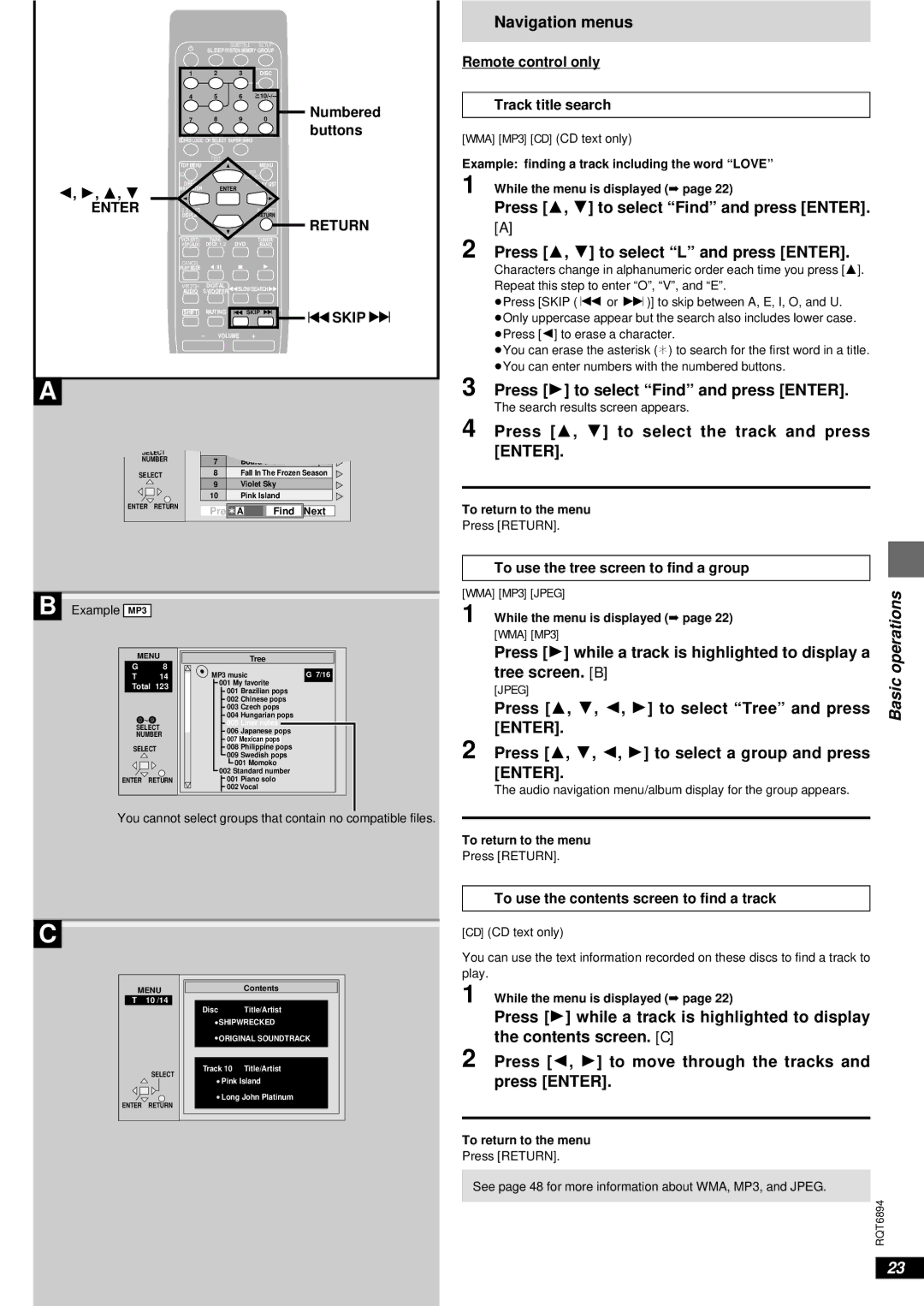 Technics SC-DV290 Navigation menus, Press 1 to select Find and press Enter, Press 3, 4 to select the track and press Enter 