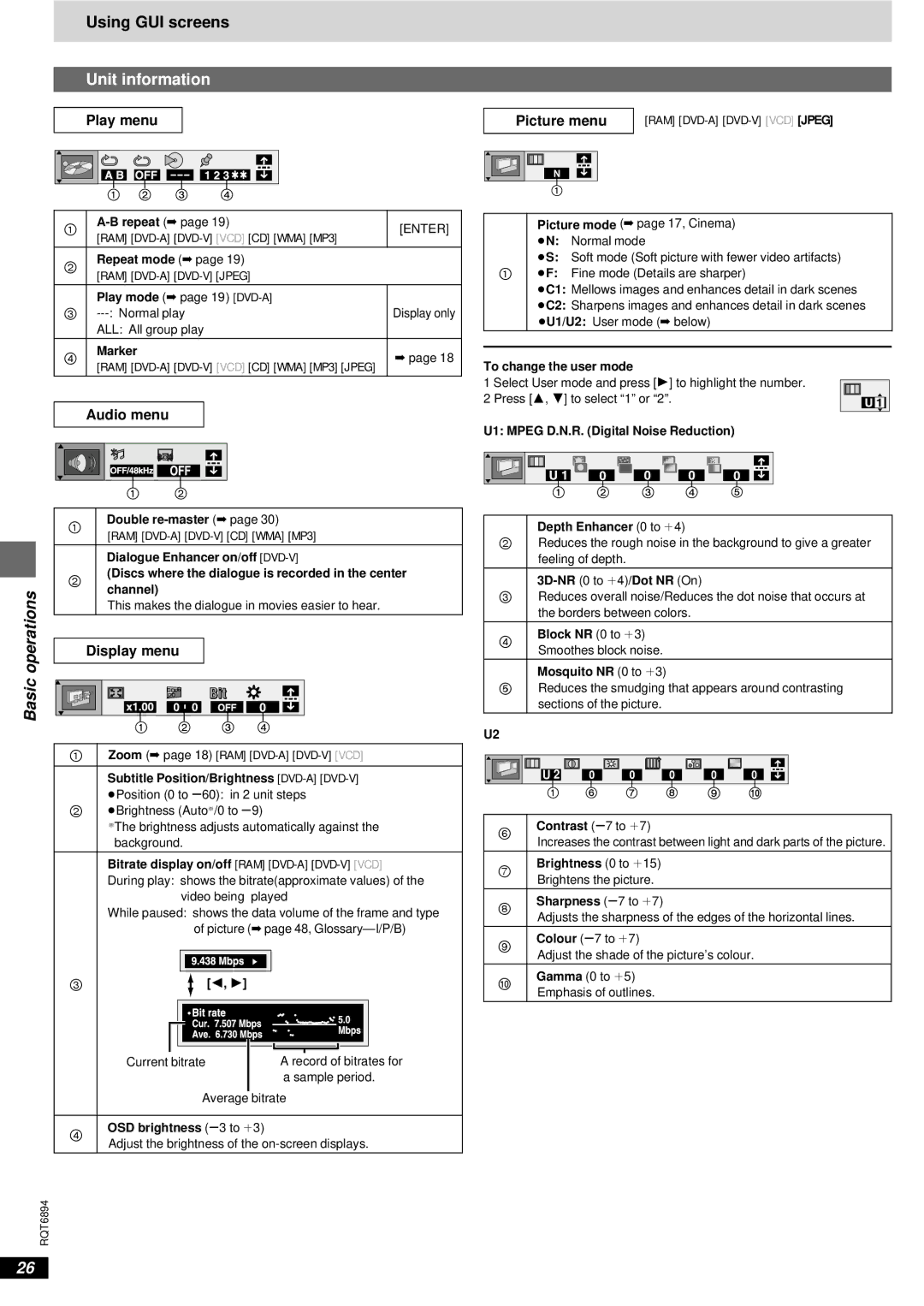 Technics SC-DV290 manual Using GUI screens, Unit information, Play menu Picture menu, Audio menu, Display menu 