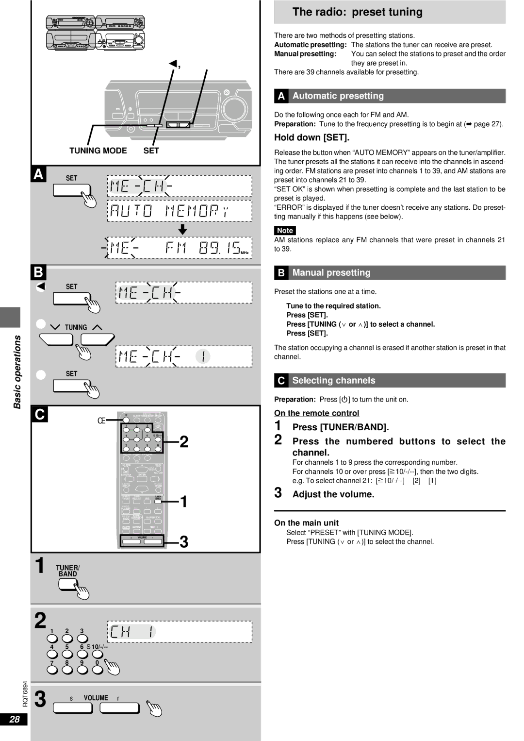 Technics SC-DV290 manual Radio preset tuning, ªA Automatic presetting, ªB Manual presetting, ªC Selecting channels 