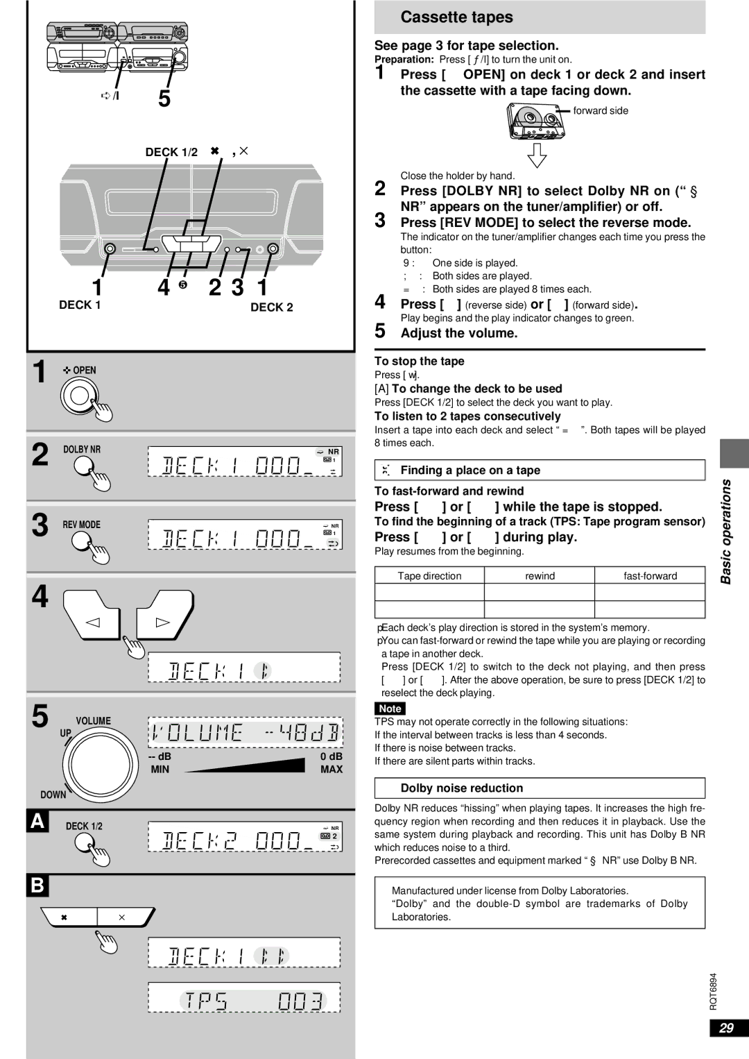 Technics SC-DV290 manual Cassette tapes, See page 3 for tape selection, Press 6 or 5 while the tape is stopped, Deck 